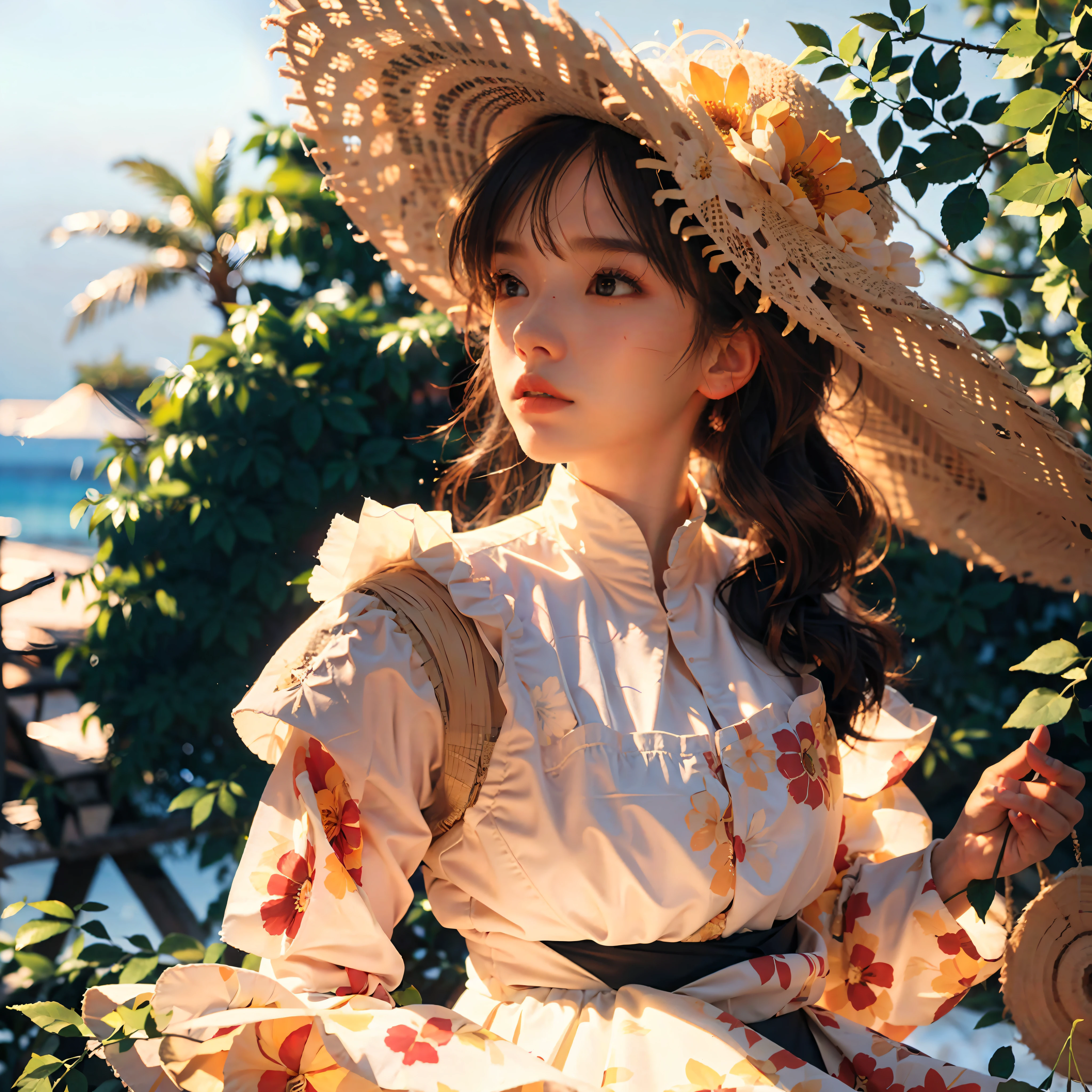 A girl, (close-up: 1.5), (facial focus: 2), (???? ??? Style: 1.5),
((sides: 2)), (1 girl surrounded by soft_light:1.5), (backlight: 1.8), (lighting), (flowing fabric: 1.3), (Floral_summer_dress:1.5), (Straw_hat:1.3)),
(masterpiece), realistic, HDR, highly detailed, 8k, original photo,
Ambient occlusion, nature, harmonious composition, warm colors, fine art photography,