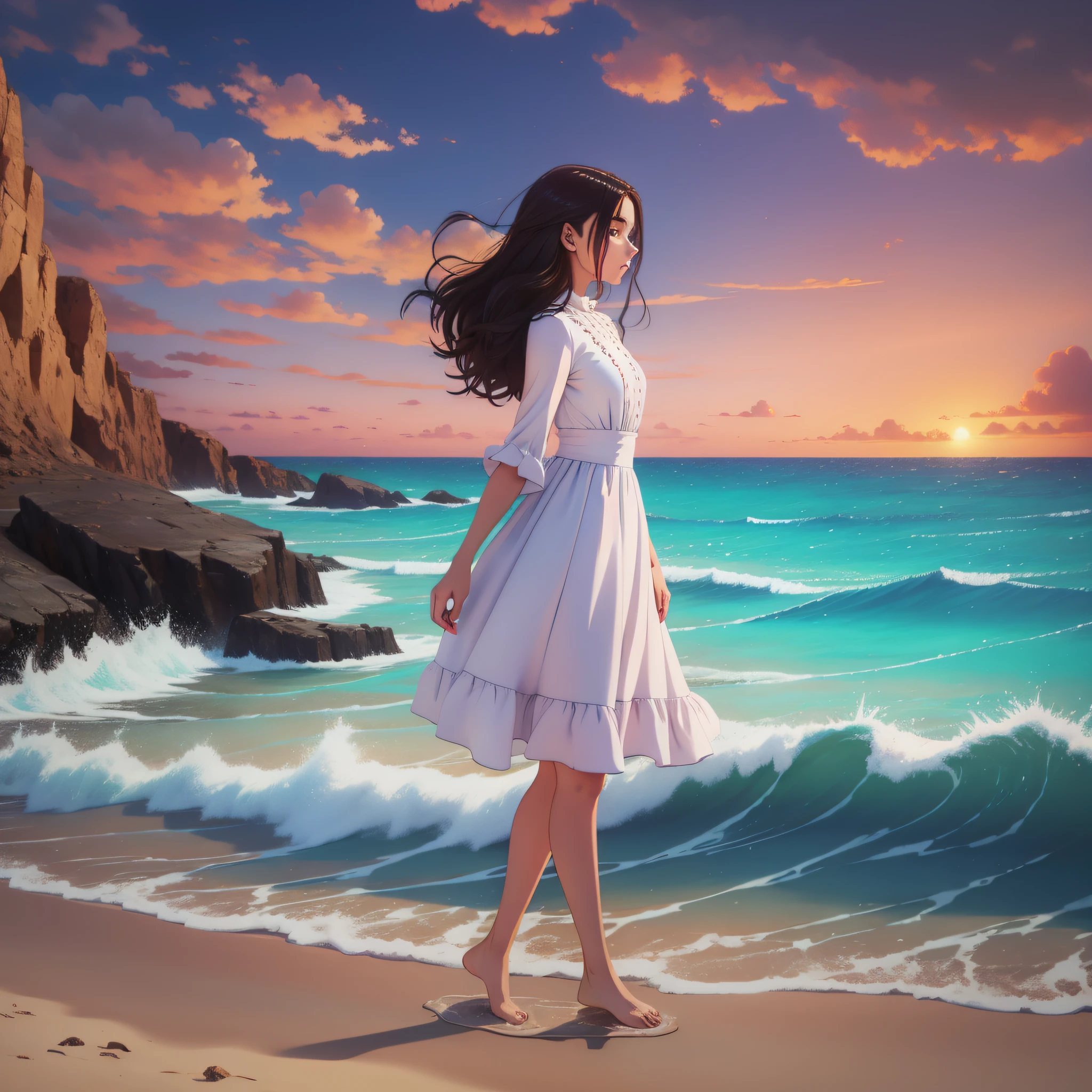 A girl is walking on the beach in a dress! Full body profile