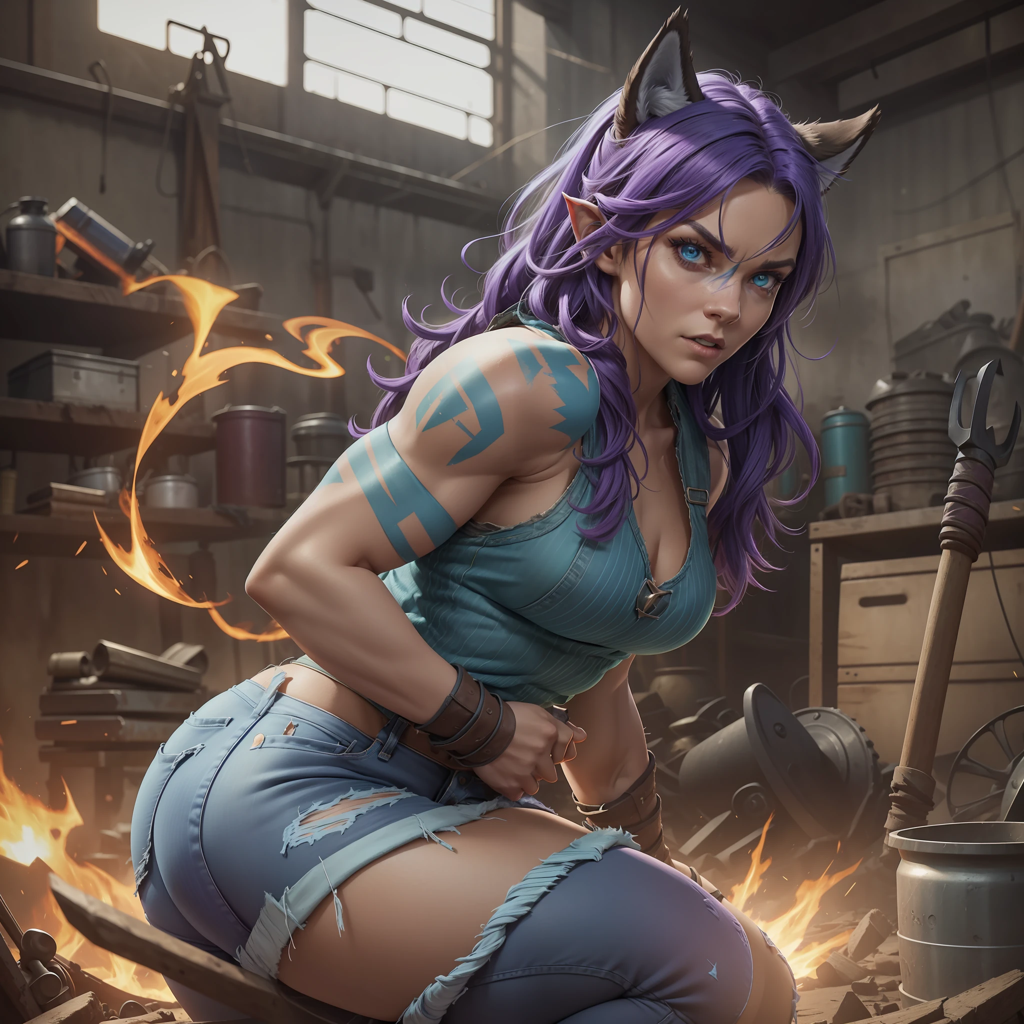 A woman with light blue skin, highlighted by purple and green stripes on her muscular body. She's wearing booty boots and ripped jean shorts, displaying her strength and ruggedness. Her head is that of an imposing she-wolf, with pointed ears and expressive eyes. The she-wolf has elegant horns that radiate yellow and red flames, adding a touch of power and energy. Place it inside an old workshop, filled with old, worn-out cars, with tools scattered around. Explore the rough textures of the environment and create a contrast between the character's imposing appearance and the worn-out setting of the workshop. Convey your determination and vigor through your confident posture.