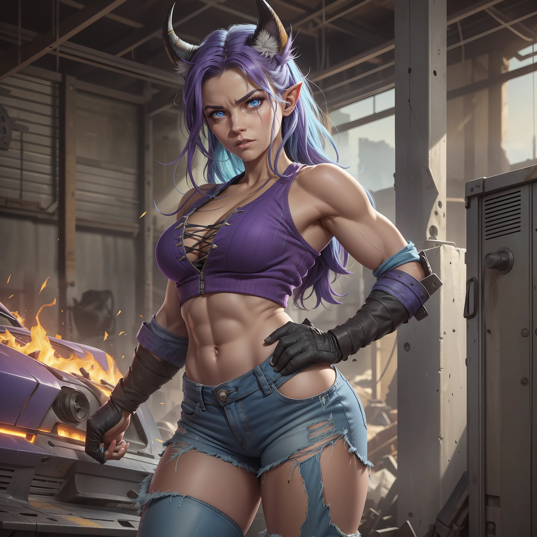 A woman with light blue skin, highlighted by purple and green stripes on her muscular body. She's wearing booty boots and ripped jean shorts, displaying her strength and ruggedness. Her head is that of an imposing she-wolf, with pointed ears and expressive eyes. The she-wolf has elegant horns that radiate yellow and red flames, adding a touch of power and energy. Place it inside an old workshop, filled with old, worn-out cars, with tools scattered around. Explore the rough textures of the environment and create a contrast between the character's imposing appearance and the worn-out setting of the workshop. Convey your determination and vigor through your confident posture.