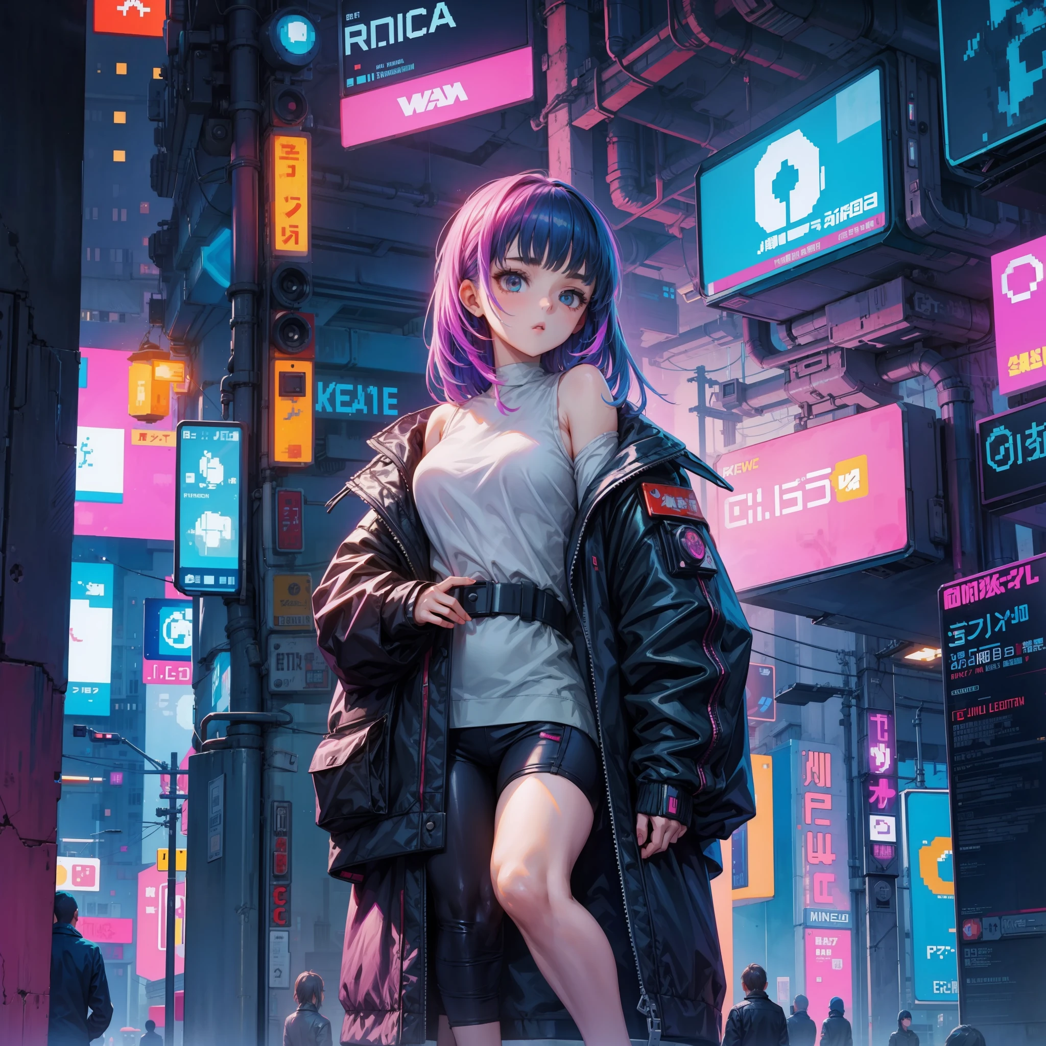A cute girl in cyberpunk world, pixel style.