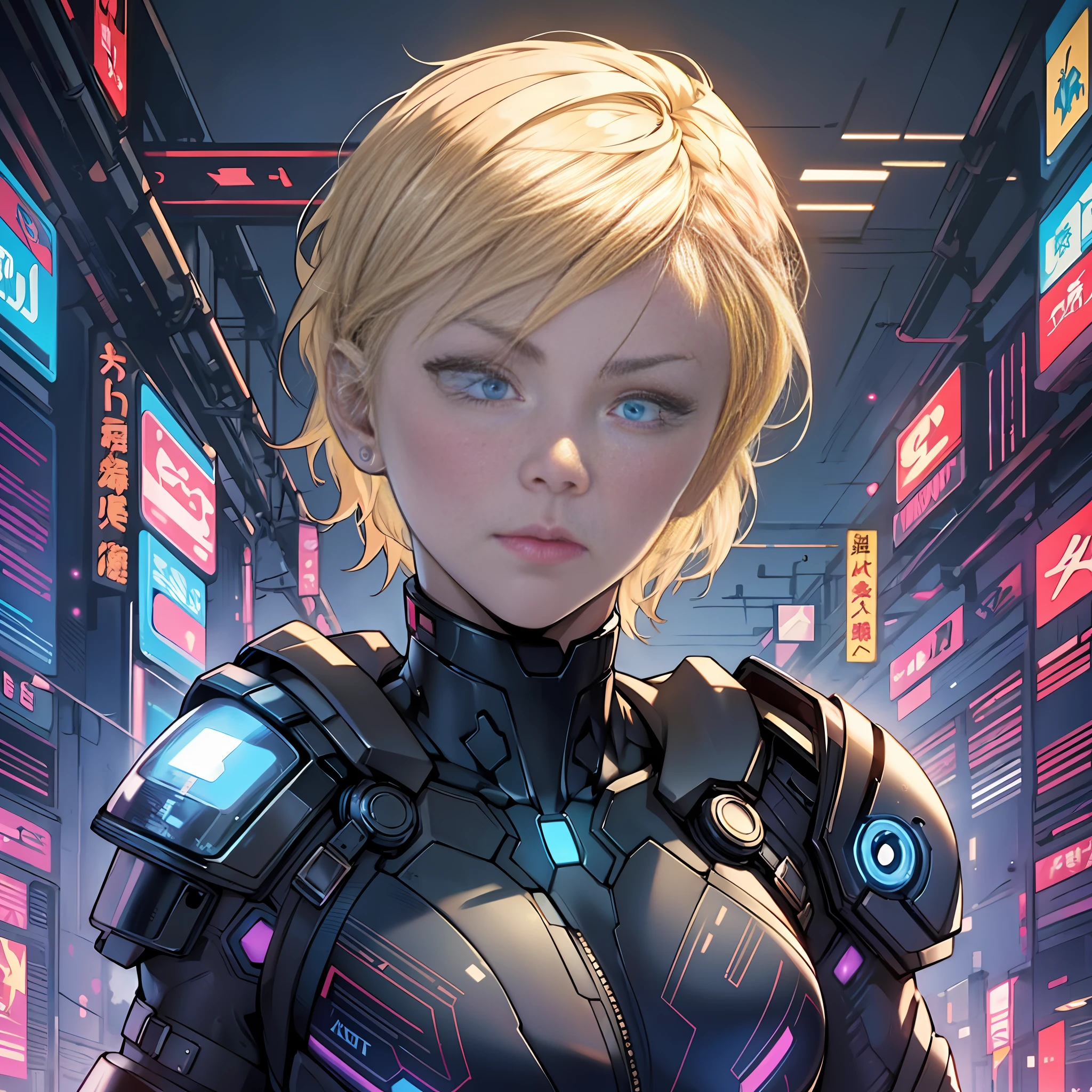 Beautiful Blonde Woman, Braided Short Hair, Big Blue Eyes, Perfect Athletic Body, Full Body, Ghost In the Shell Golden and Black Suit with Hood, Futuristic World of CyberPunk --auto --s2