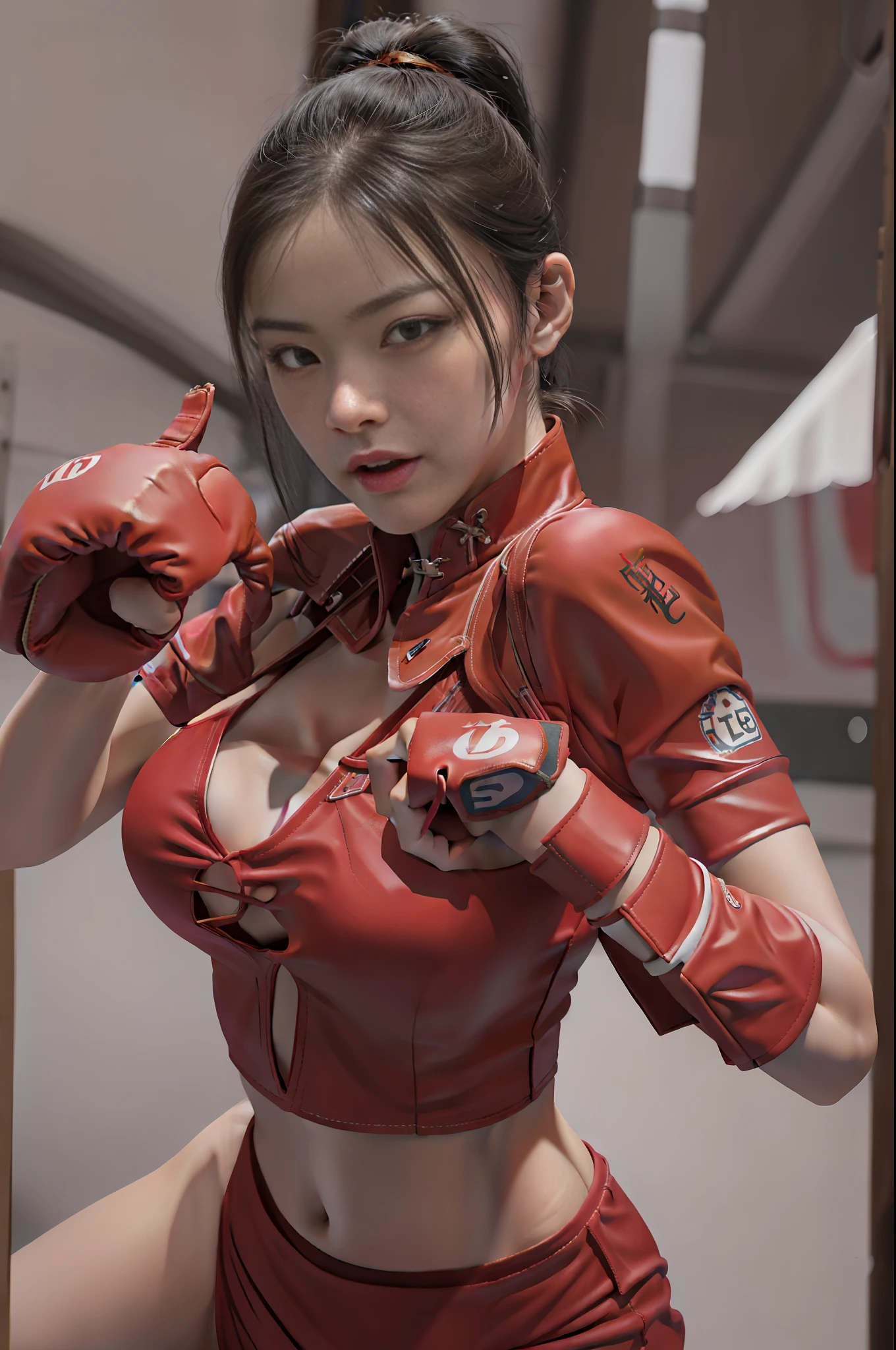 Chinese woman in red shirt and boxing gloves posing for photo, in fighting pose, wearing energetic boxing gloves, fighting pose, posing to fight, she is ready to fight, posing for fighting, red gloves, boxing gloves, taekwondo, fighting pose, boxing, fighting, boxing pose, boxing, wearing red vest, warrior pose, fierce fighting