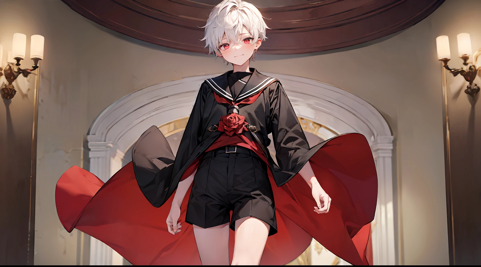 ((masterpiece)),(((best quality))), (high-quality, breathtaking),(expressive eyes, perfect face), short, young boy, short white hair, red eyes, smiling, black sailor european outfit, wear short shorts, shine, glow, red roses.