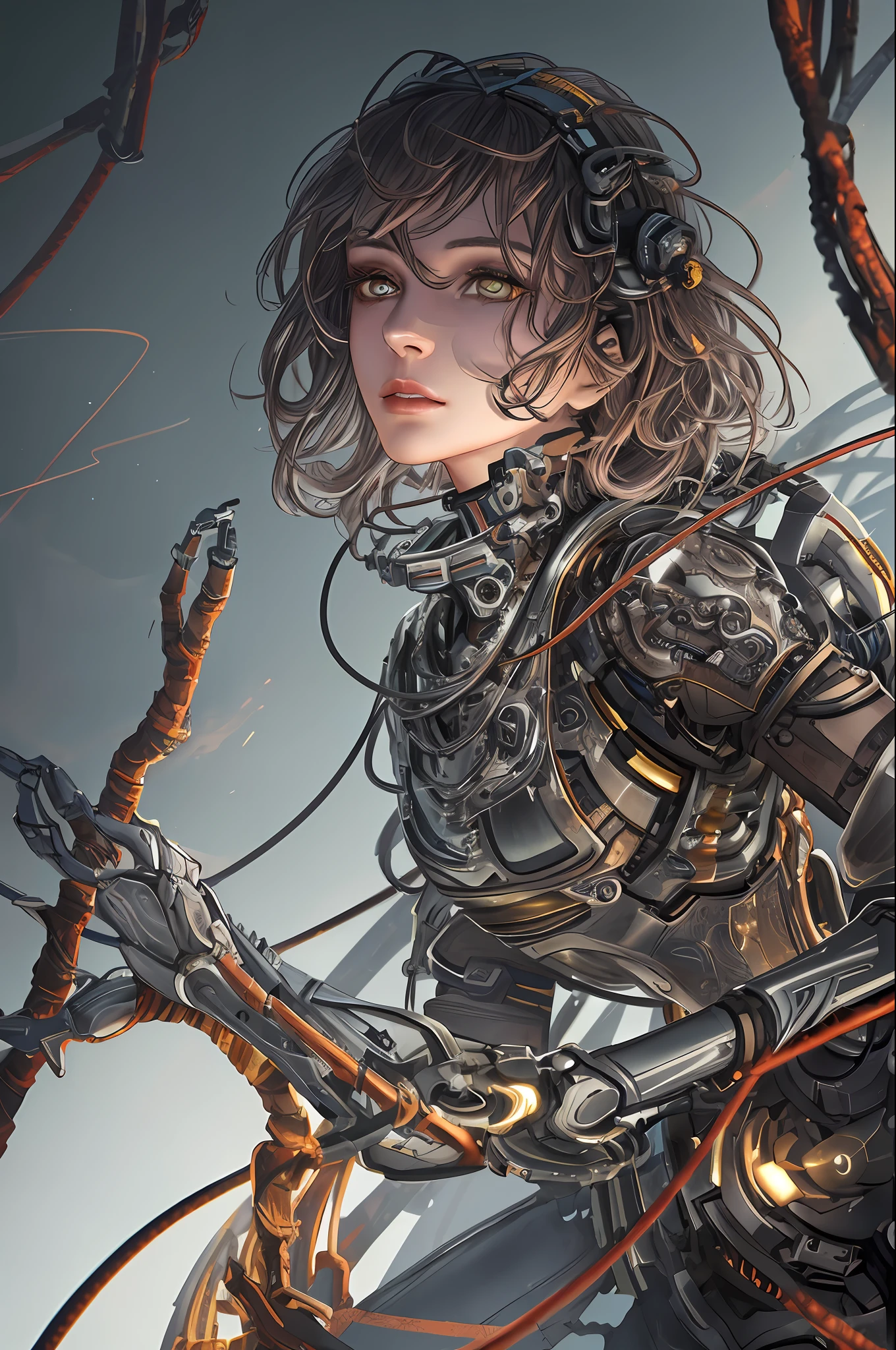 1mechanical girl,((ultra realistic details)), portrait, global illumination, shadows, octane render, 8k, ultra sharp,metal,intricate, ornaments detailed, cold colors, egypician detail, highly intricate details, realistic light, trending on cgsociety, glowing eyes, facing camera, neon details, machanical limbs,blood vessels connected to tubes,mechanical vertebra attaching to back,mechanical cervial attaching to neck,sitting,wires and cables connecting to head