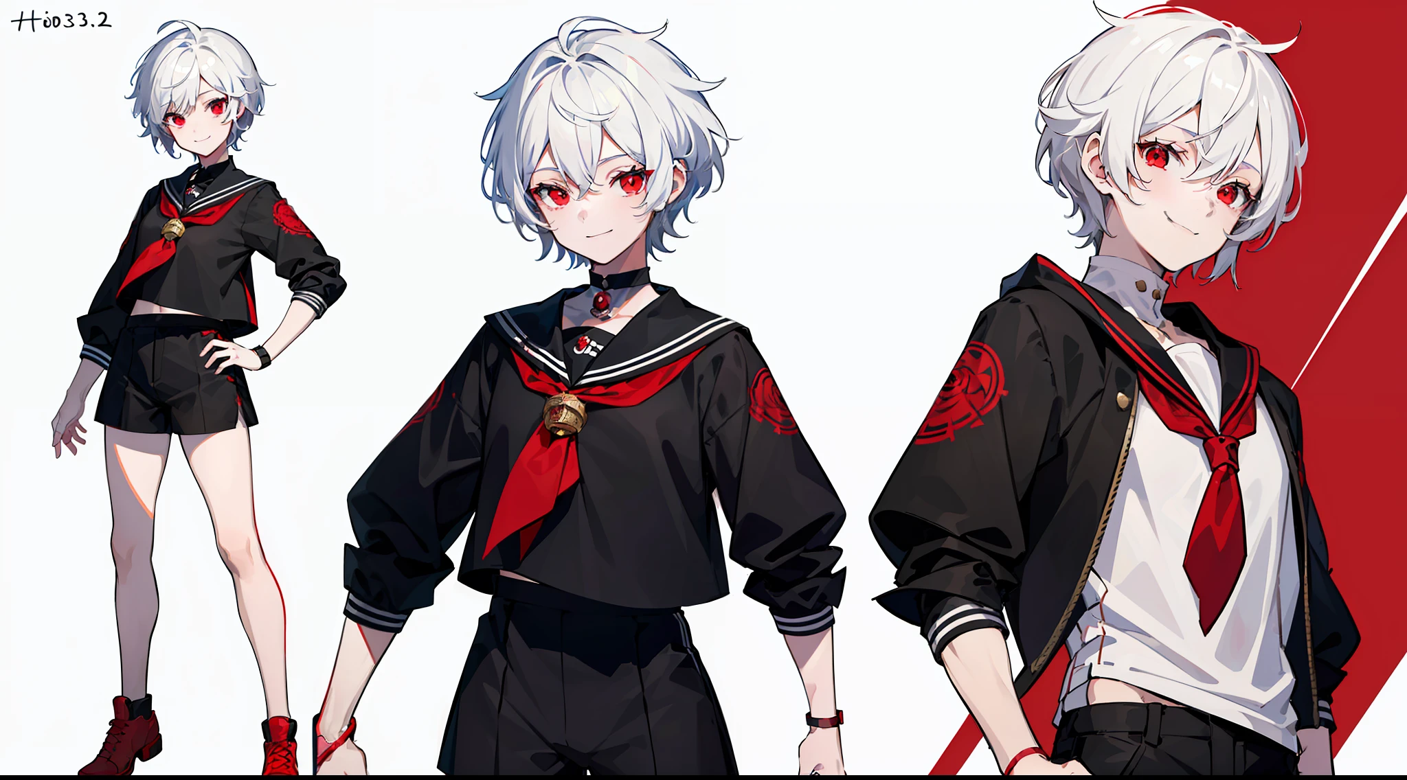 ((masterpiece)),(((best quality))),(character design sheet,same character,front,side,back), Reference sheet of a cute boy, short white hair, red eyes, smiling, black sailor outfit with short shorts, red rose as accessory, detailed face, detailed hair, (simple background, white background: 1.3)
