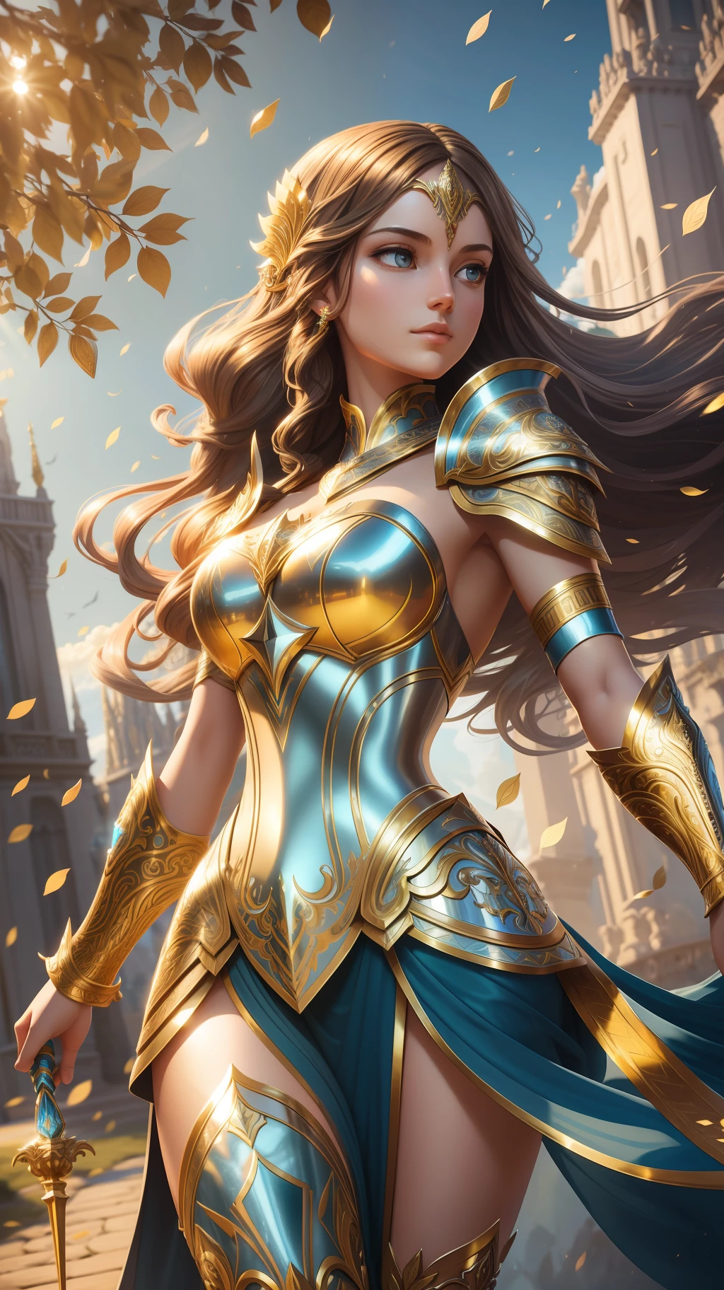 award winning concept art of tall (1girl:1.2) in granite shiny ornate armor, epic, god rays, centered, (masterpiece:1.2), (best quality:1.2), Amazing, highly detailed, beautiful, finely detail, warm soft color grading, Depth of field, extremely detailed 8k, fine art, stunning, iridescent, shiny, light reflections, crisp, curls, wind, flying leaves, dynamic pose, hyper realism, vibrant, sunlit