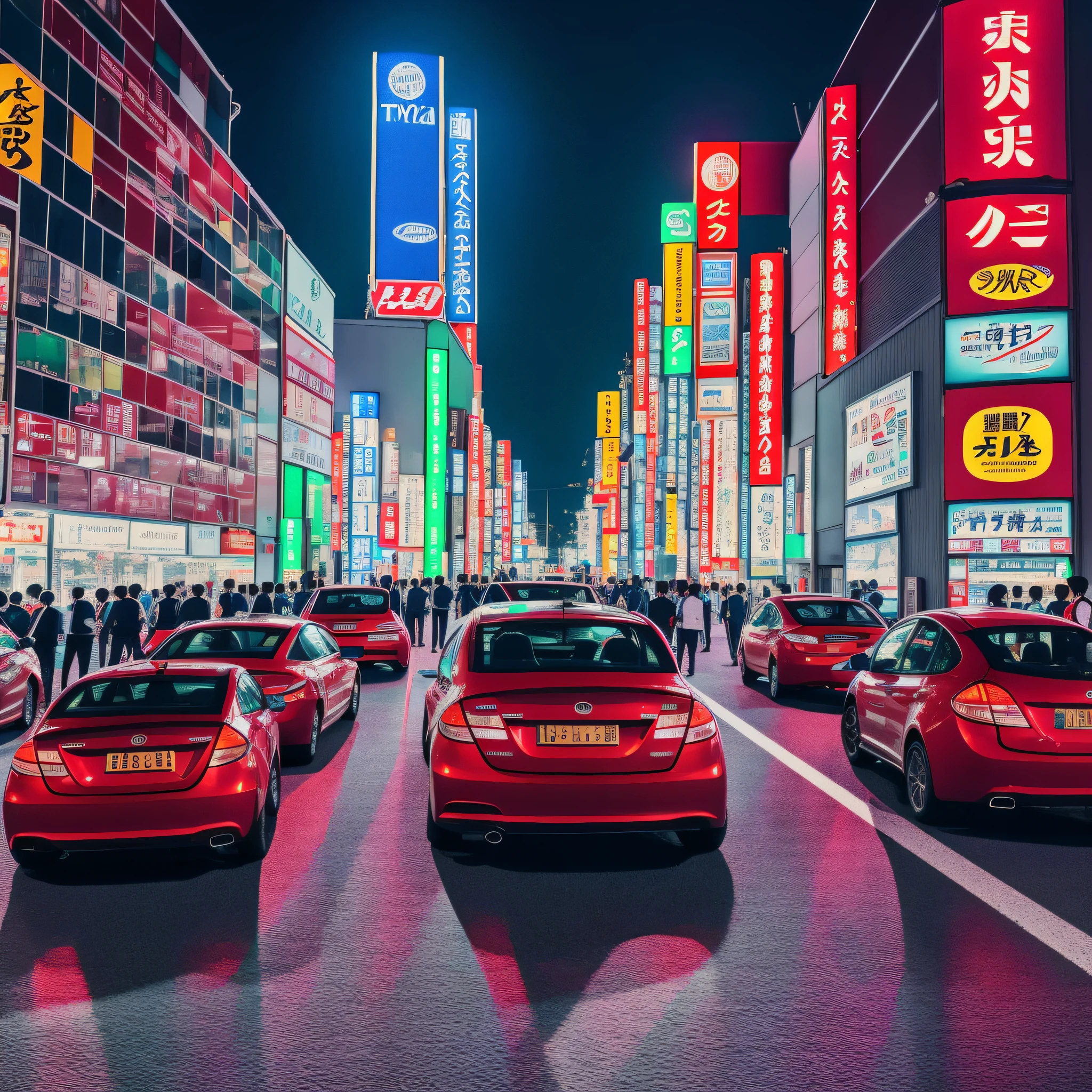 City Night Scene, Tokyo Landmarks, Night Scene), Extreme image quality, natural and smooth light and shadow, Strong sense of excitement, Super high detail, outdoor street scene, Crowded and lively background environment, Multi-angle chasing car popular people, Multi-point focus on character details, Red light green light contrast, Night light decoration, Small details are presented, the picture is real and realistic