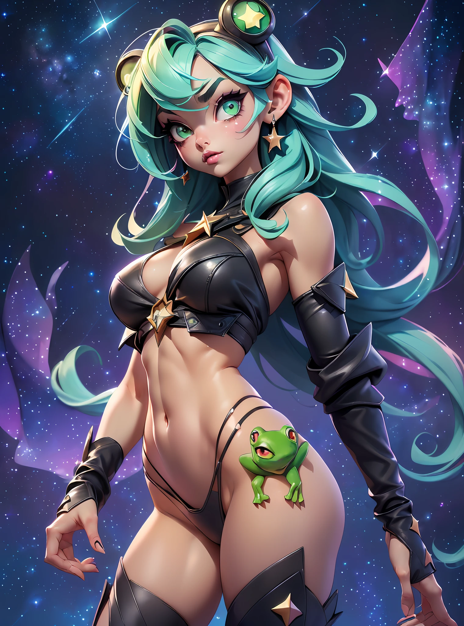 ((Best Quality)), ((Masterpiece)), ((Realistic)) and watercolor drawing of a frog-girl with goth colors. She has ((starlight hair)), wears a (small black micro-thong:star motif ) (bare navel) , ((beautiful and aesthetic)), muscular fit body abs, sexy, under-boobs, hot, (star filled sky background) (clear background:1.35), (particles ,firefly, blue glowing):1.3,