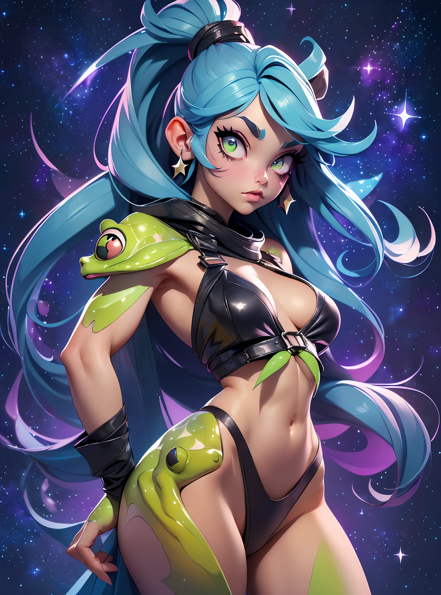 ((Best Quality)), ((Masterpiece)), ((Realistic)) and watercolor drawing of a frog-girl with goth colors. She has ((starlight hair)), wears a (small black micro-thong:star motif ) (bare navel) , ((beautiful and aesthetic)), muscular fit body abs, sexy, under-boobs, hot, (star filled sky background) (clear background:1.35), (particles ,firefly, blue glowing):1.3,