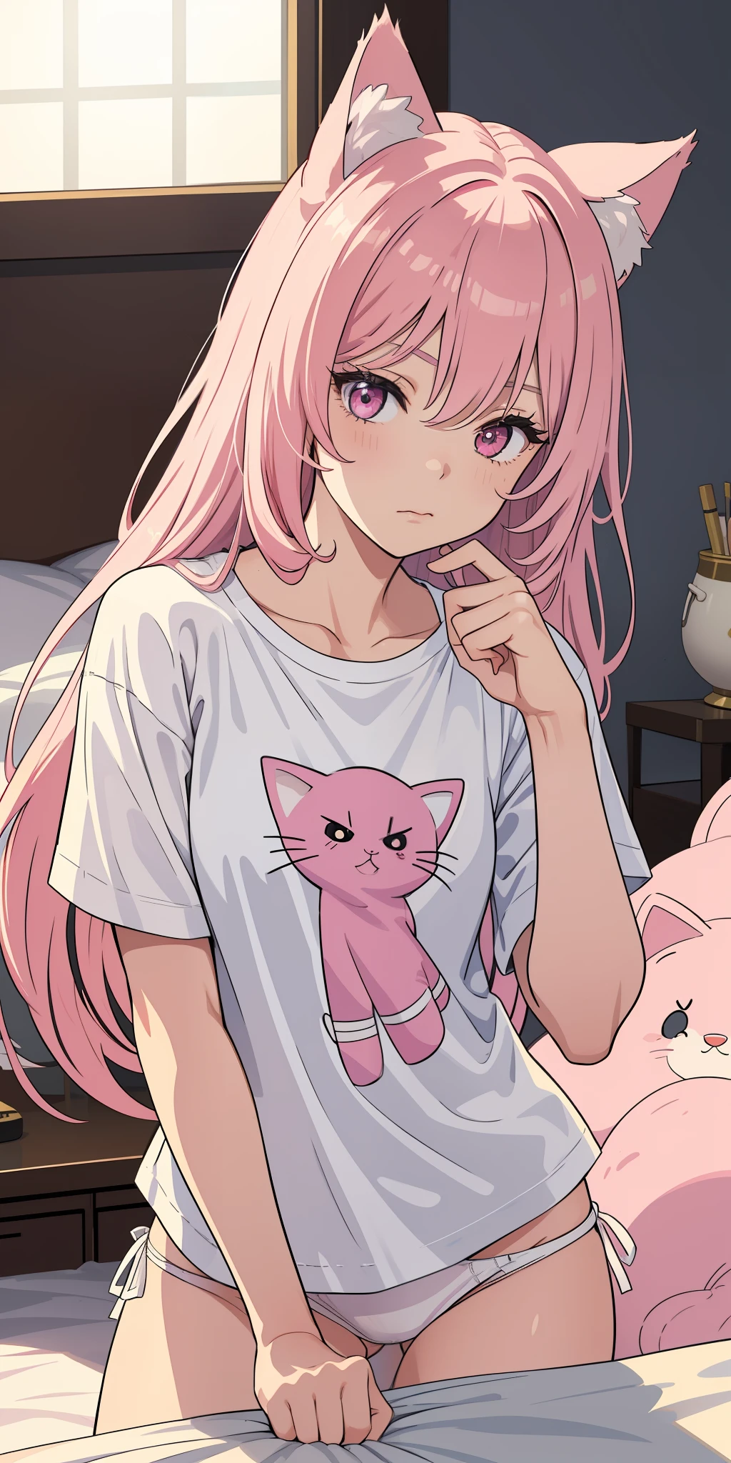 masterpiece, top quality, super detail, wallpaper, break, , cat ears, pink hair, big eyes, long eyelashes, mouth closed, break, white t-shirt, white panties, break, cat stretch pose, break, background, plush bed, break,