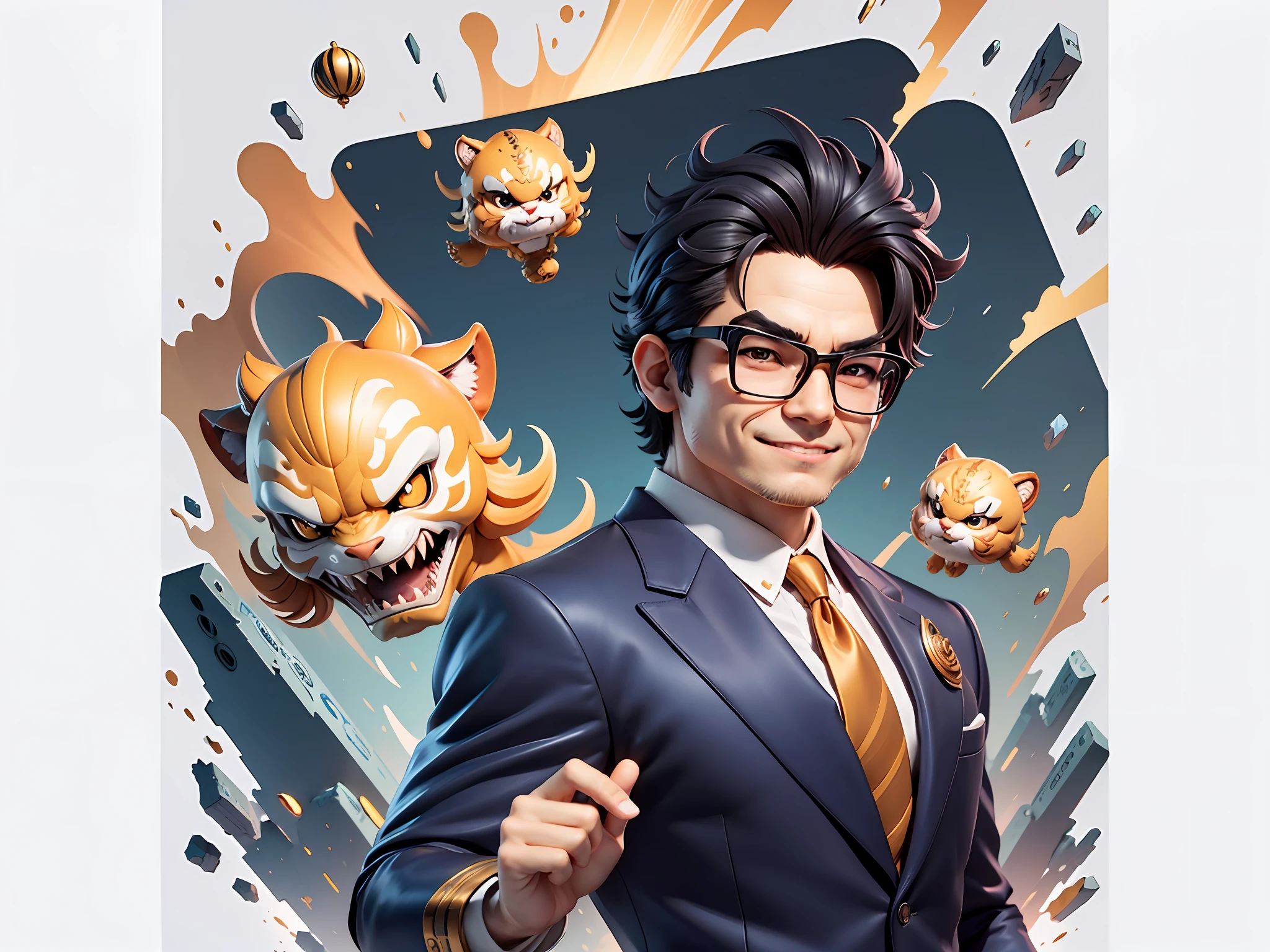 (Masterpiece), (Excellent), (Super Meticulous), (Full Body: 1.2), Super Young Man, Chinese Dragon, Tang Lion, Tiger, Wind God Thor, Sexy, Bursting, Oriental Face, TV Anchor, Bust Portrait Illustration, Black Formal Suit, Blue Tie, Slightly Chubby Face, Silver Glasses, Very Clean Face, No Beard on Chin, Black Super Short Hair, Black Eyes, Confident Smile, 3c Computer Sub-Products, iPad, iPhone, Digital Painting, 3D character design by Mark Clairedon and Pixar and Hayao Miyazaki and Akira Toriyama, the illustrations are HD illustrations in 4K resolution with highly detailed facial features and cartoon-style visuals.