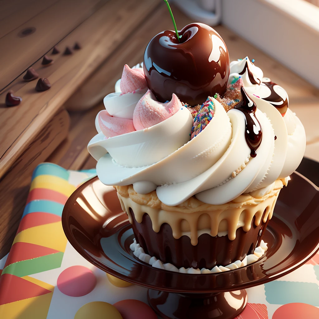 3d computer rendered image of an ice cream cone with scoops of different flavors topped with sprinkles, cherries, and chocolate sauce --auto --s2