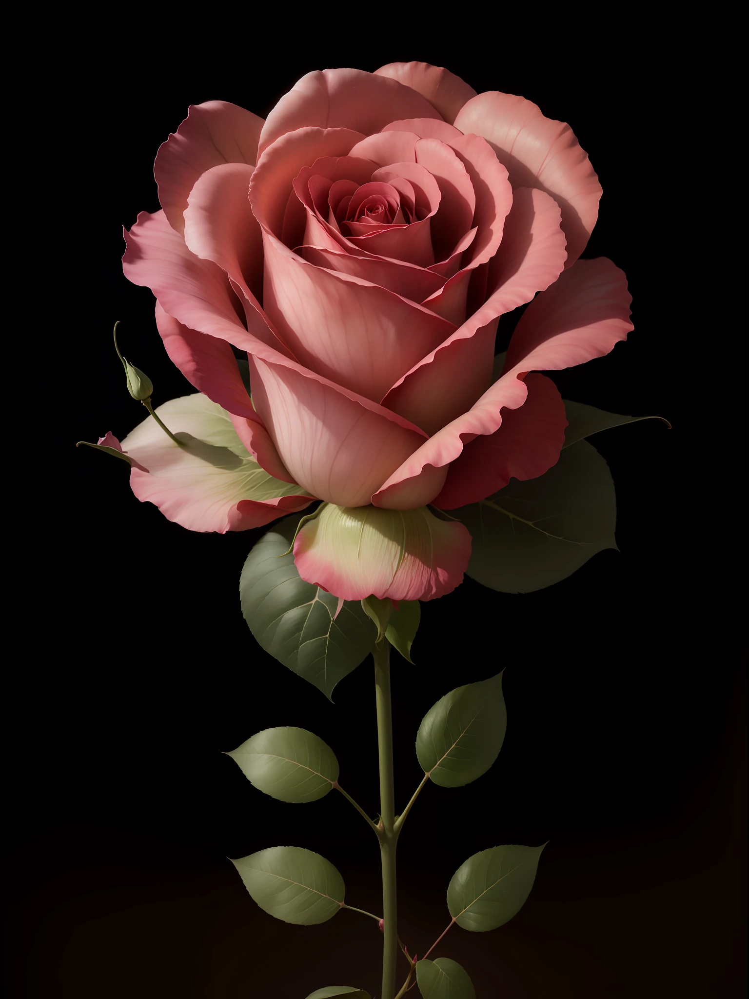 there is a rose that is sitting on a stem with leaves, rose, pink rose, photo of a rose, natural point rose', by Anna Füssli, hyperrealism”, “hyper realistic, hyper realistic detailed, highly detailed realistic, hyper realistic”, pink rosa, hyper realistic ”, realistic highly detailed, highly realistic digital art, photorealistic detailed