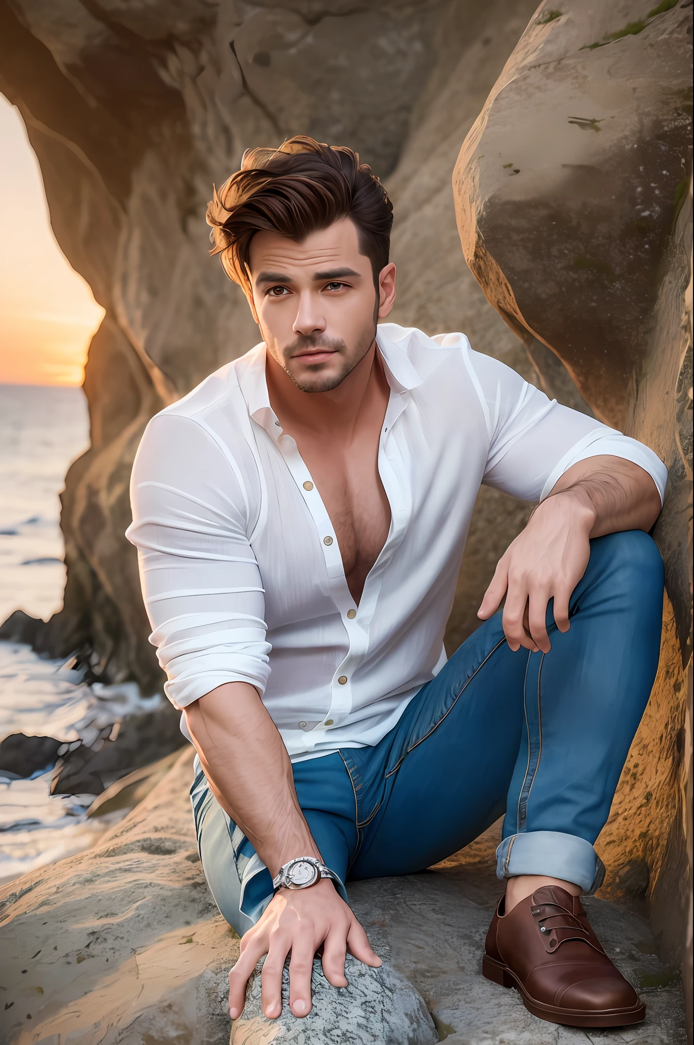 Handsome sexy Man sitting on a rock by the sea in a colorful sunset. He is dressed in jeans and shirt ((white without buttoning)). Photorealistic style. Intricacy. Hyper-detailed. 8k. High quality