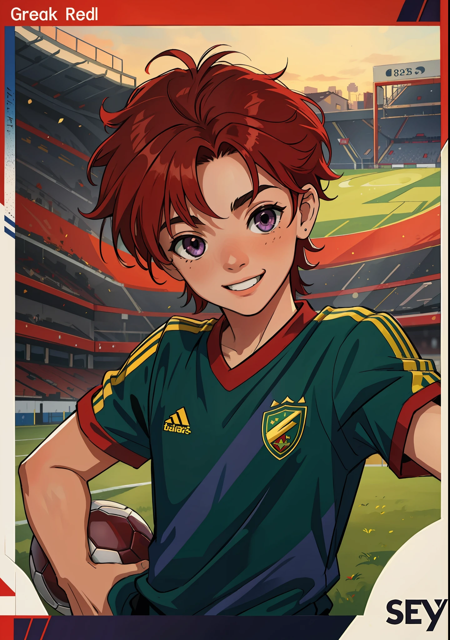 (masterpiece, best quality), intricate details, 8k, artstation, wallpaper, official art, splash art, sharp focus, 1 boy, child, short hair above ear half spiky and reddish redhead, smiling, brown skin, bright purple eyes, holding a football, making, soccer court in the background, green grass, by day, cherry red red hair, soccer ball in hand