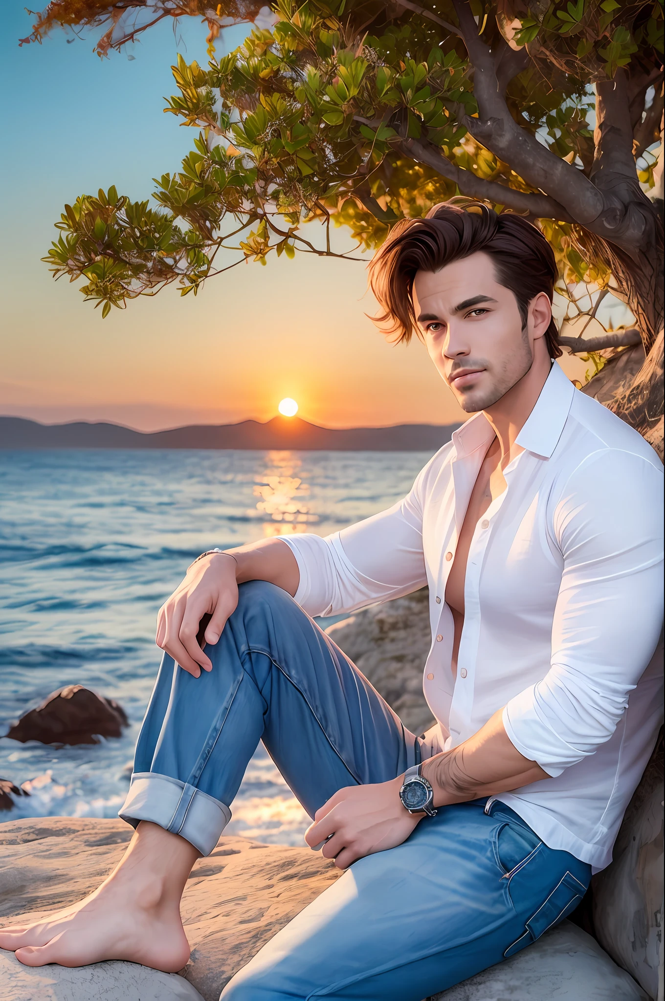 Handsome sexy Man sitting on a rock by the sea in a colorful sunset. He is dressed in jeans and shirt ((white without buttoning)). Photorealistic style. Intricacy. Hyper-detailed. 8k. High quality