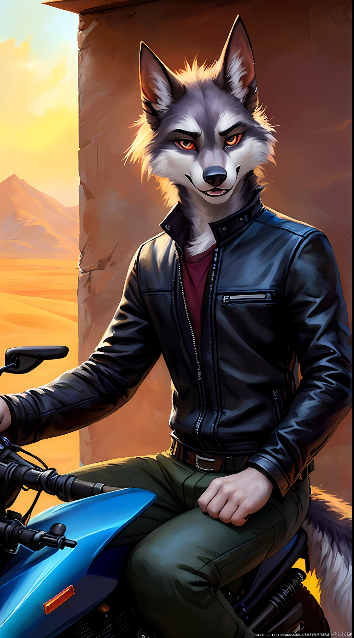 uploaded to e621, raw photo, realistic, anthro, detailed face, detailed fur, high resolution, beautiful and detailed portrait of Helluva Boss, Male Hellhound, kenket, Ross Tran,ruan jia, uploaded to e621, zaush, foxovh, cenematic lighting, motorcycle outfit, whole body, beautiful, enthusiastic face, solo, 1boy, in the desert, parked on the side of a road, sitting on the motorcycle