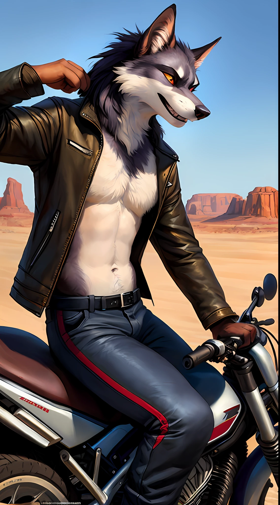 uploaded to e621, raw photo, realistic, anthro, detailed face, detailed fur, high resolution, beautiful and detailed portrait of Helluva Boss, Male Hellhound, kenket, Ross Tran,ruan jia, uploaded to e621, zaush, foxovh, cenematic lighting, motorcycle outfit, whole body, beautiful, enthusiastic face, solo, 1boy, in the desert, parked on the side of a road, sitting on the motorcycle