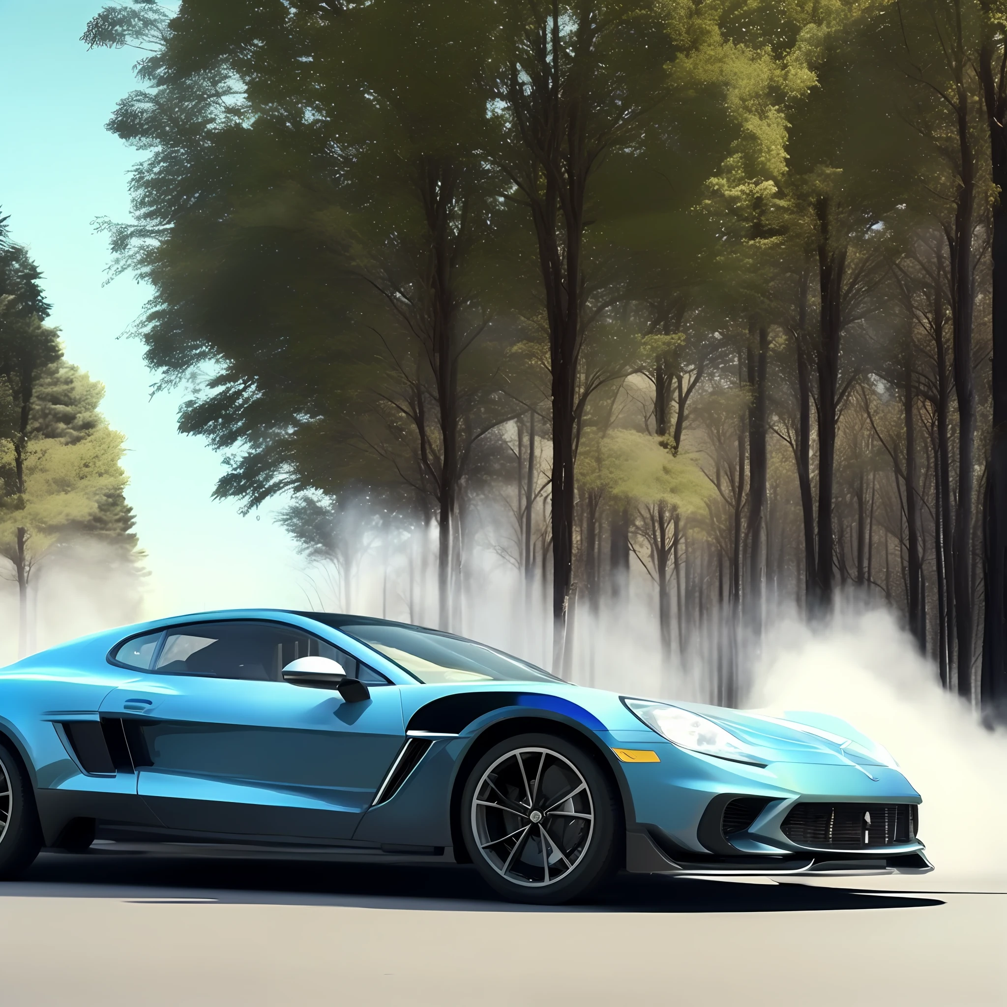 Car, Maverick, graphite color, middle of the road at 45º angle, smoke, tire mark on the asphalt, blue sky, rays of sun among the trees of the woods. Masterpiece, 4k