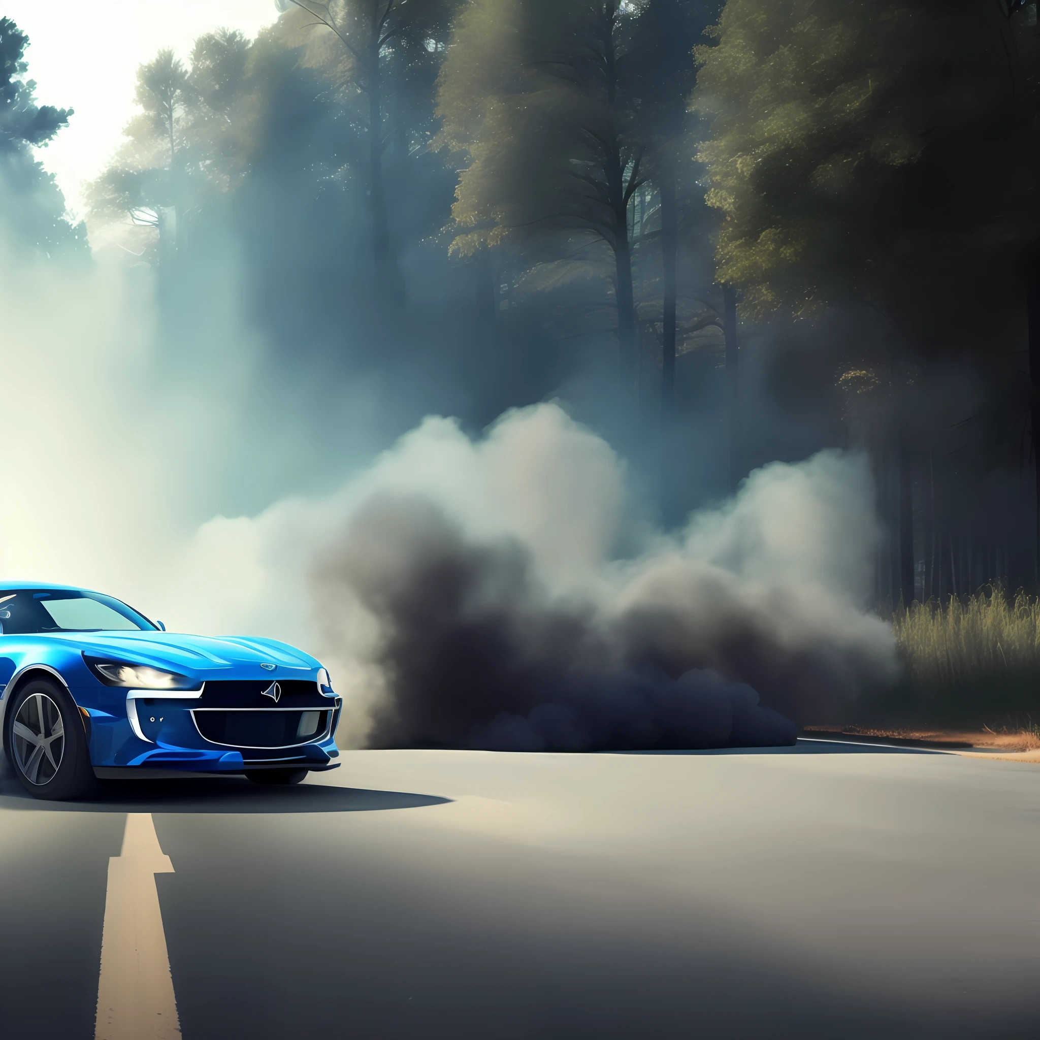 Car, Maverick, graphite color, middle of the road at 45º angle, smoke, tire mark on the asphalt, blue sky, rays of sun among the trees of the woods. Masterpiece, 4k