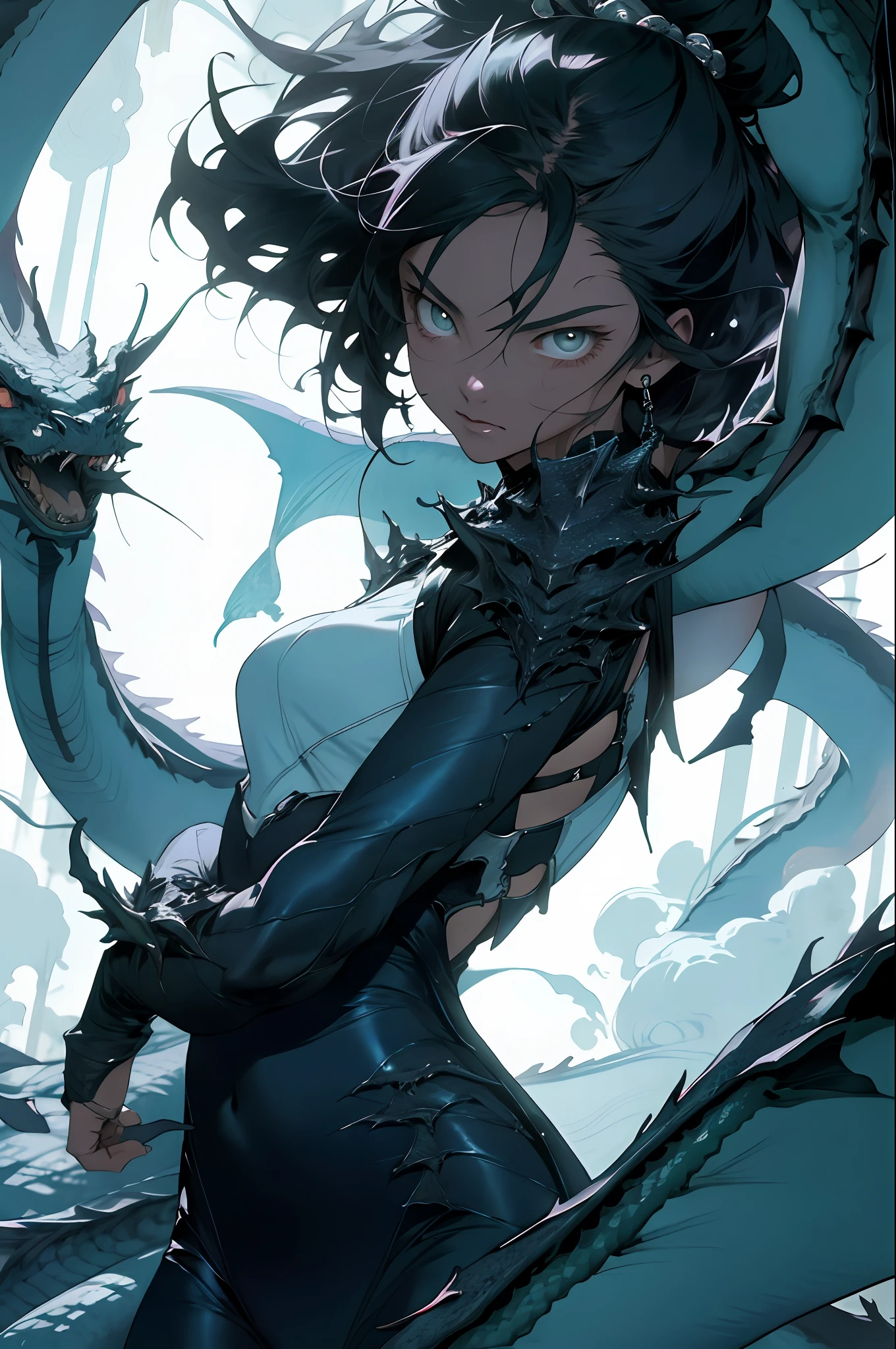 absurd, highres, ultra detailed, moody lighting, quiet, calm, brightness, masterpiece, best quality, 1girl, dark fantasy movie of the 90s yet, menacing dragon next door