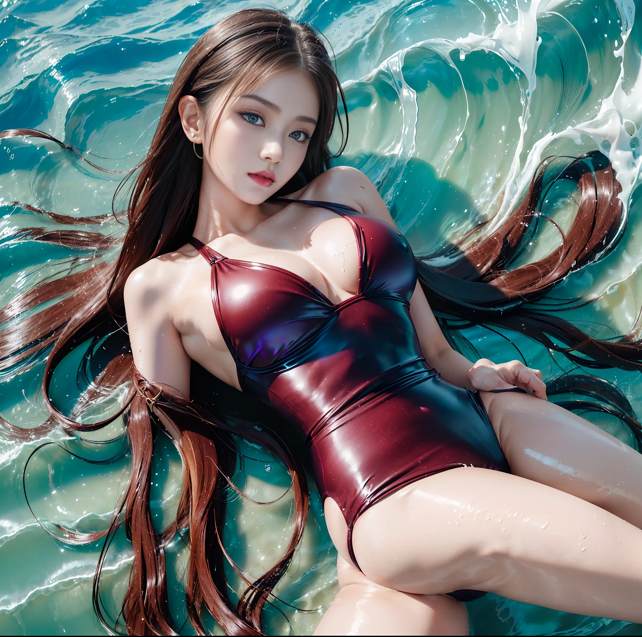 (top quality, masterpiece), 1girl, intricate details, (realistic lighting with shades), huge file size, high resolution, elegant, realistic, (perfect anatomical depiction of the human body), age girl looking at me on the beach of dark sunset at sunset, serious expression, girl whitening skin blue eyes and partially braided long hair is a brunette Japan, japanese, ( Very big), (super big), (thin waist), (thin thighs), (baby face), (((white one-piece swimsuit)). (the breasts of the swimsuit are very cramped), (dark areolas), (the swimsuit crushes the large breasts and spreads to the side), (beautiful big blue eyes), (thin and clear double eyelid lines in the eyes), (glossy, plump and brightly toned tear bags under the eyes), (pale blue iris), (some highlights on the iris and pupil), (red representation of the conjunctiva), (long eyelashes that are well visible), ( Swimsuit with super big), (skin and hair sparkling glossily in the setting sun from behind), (hair soaring in the strong sea breeze and shimmering in the backlight of the setting sun). ((Legs crossed, hands behind and buttocks)) , (Shot from the front and back above from the knees), the sun is dyed crimson behind it, the sky is gradating from the deep red of the horizon to a darker purple, perfect hands, nice hands, wet,