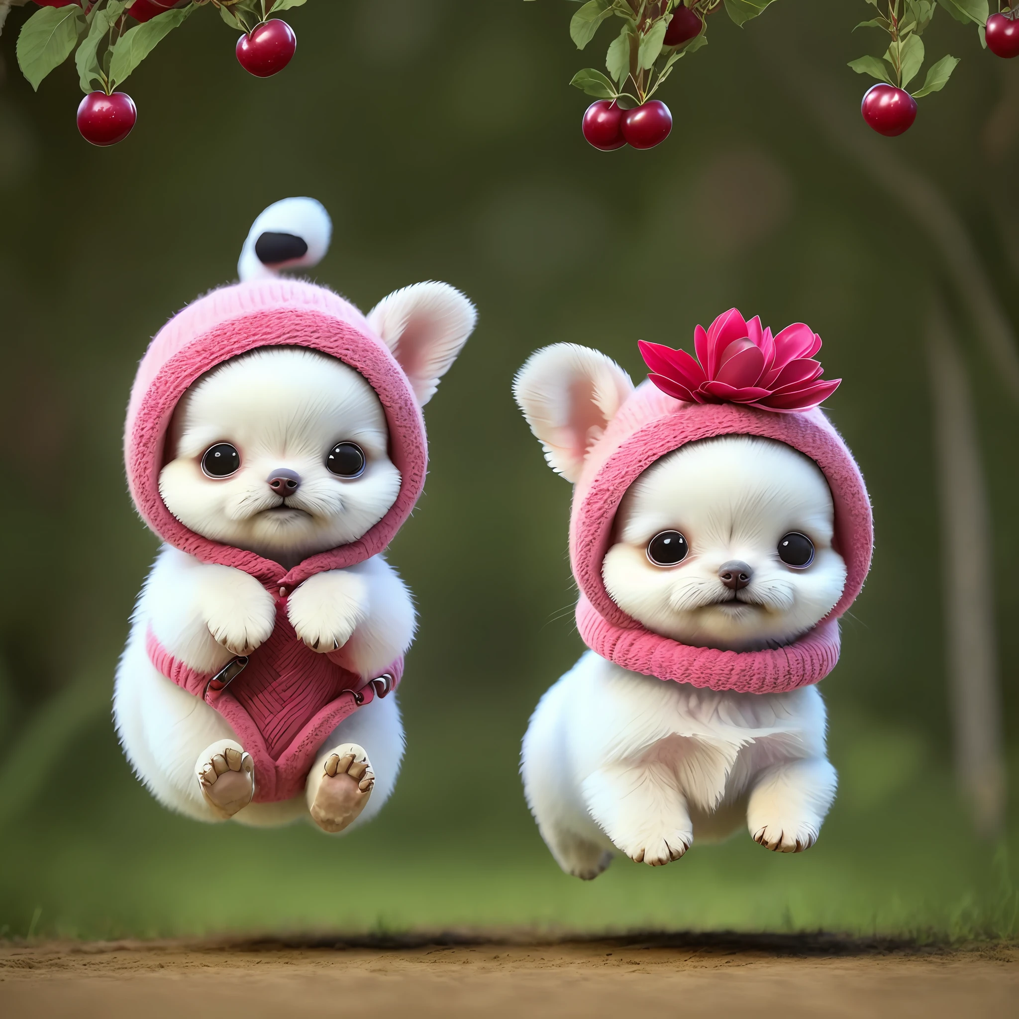 (masterpiece, best quality, highest quality, 8k). Puppy chihuahua dog running in forest with trees and flowers, sun rays, 4 legs, 2 ears, realistic, furry, happy, happy, animal dressed, apple, dark circles, blush, cherry, food, fruit, whole body, hat, non-human, sunny forest, trees, sun rays, flowers.