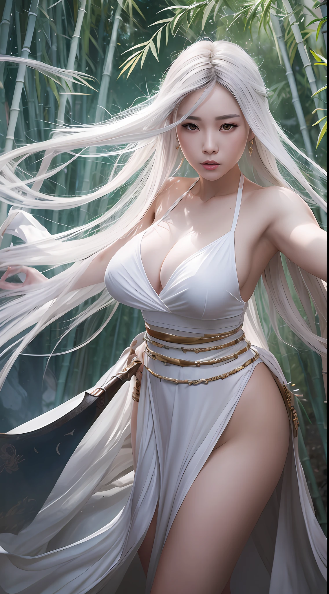 Close-up of a woman in a white dress holding a sword, portrait of Yang J, popularity of cgsociety, fantasy art, beautiful figure painting, Guwiz style artwork, Guwiz, white Hanfu, flowing white robe, full body martial arts, epic exquisite character art, stunning character art, beautiful female assassin with a long face behind her, in the bamboo forest, holding the bamboo with one hand, in a fighting posture,