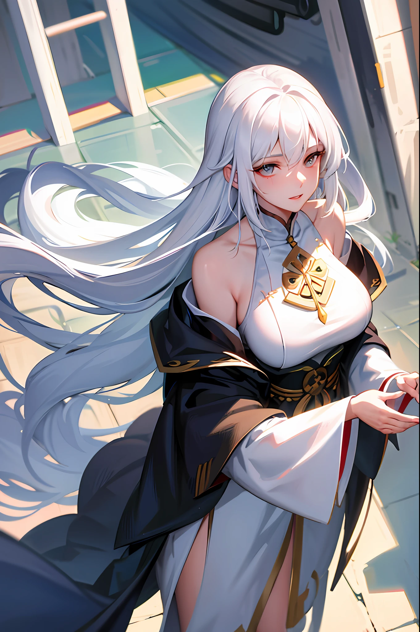 Close-up of a woman with white hair and white mask, beautiful figure painting, Guvitz, Guwiz style artwork, white-haired god, Yang J, epic exquisite character art, stunning character art, Fan Qi, Wu Zhun Shifan, Gu Wiz in pixiv art station, big breast, holy