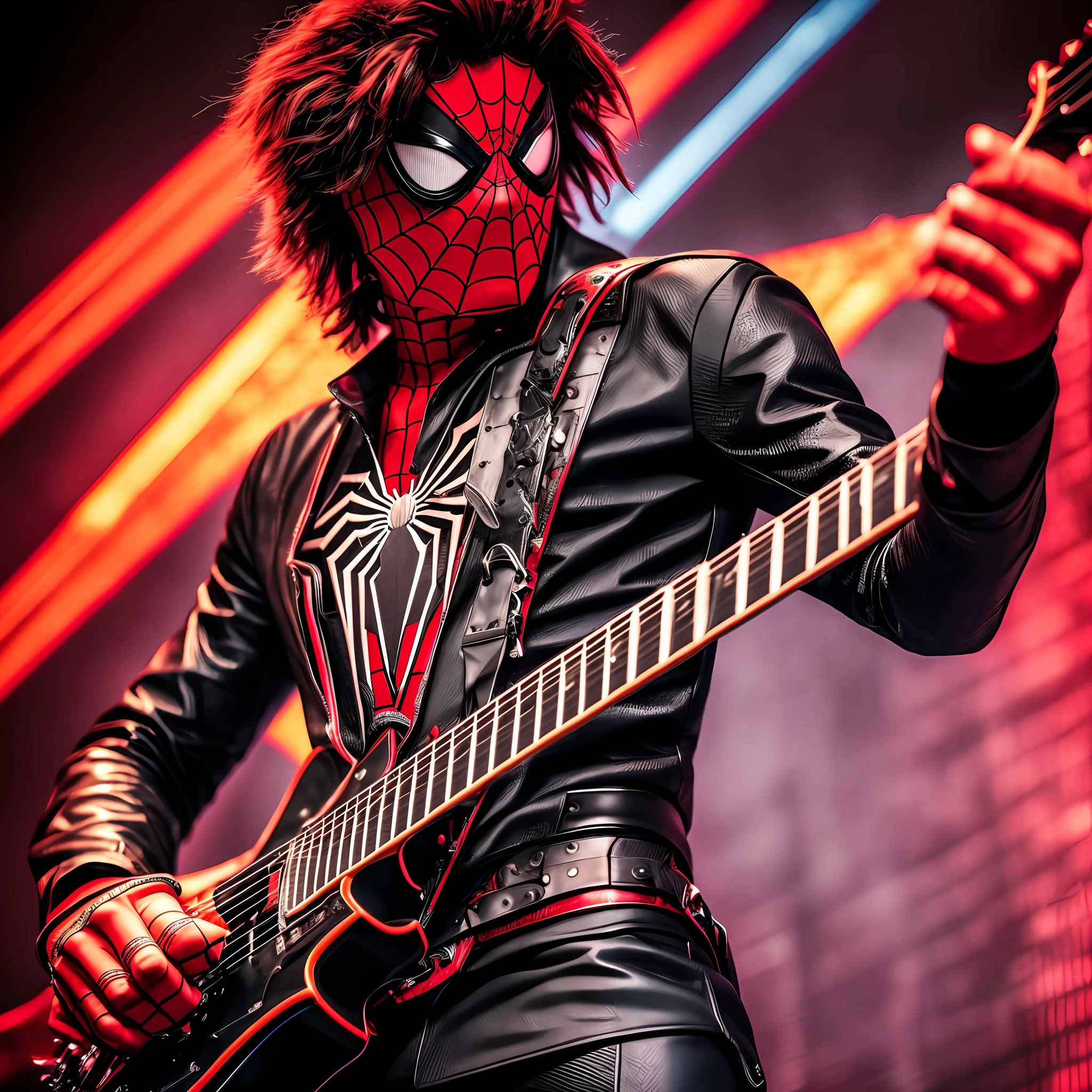 spider man,black leather trave,futuristic,playing guitar, guitarist, detailed hands, detailed hands, swinging, dreamy rock, holding electric guitars, lead guitar, playing guitar,arnha man plays guitar, punk-rocker, spider man playing guitar. --auto --s2