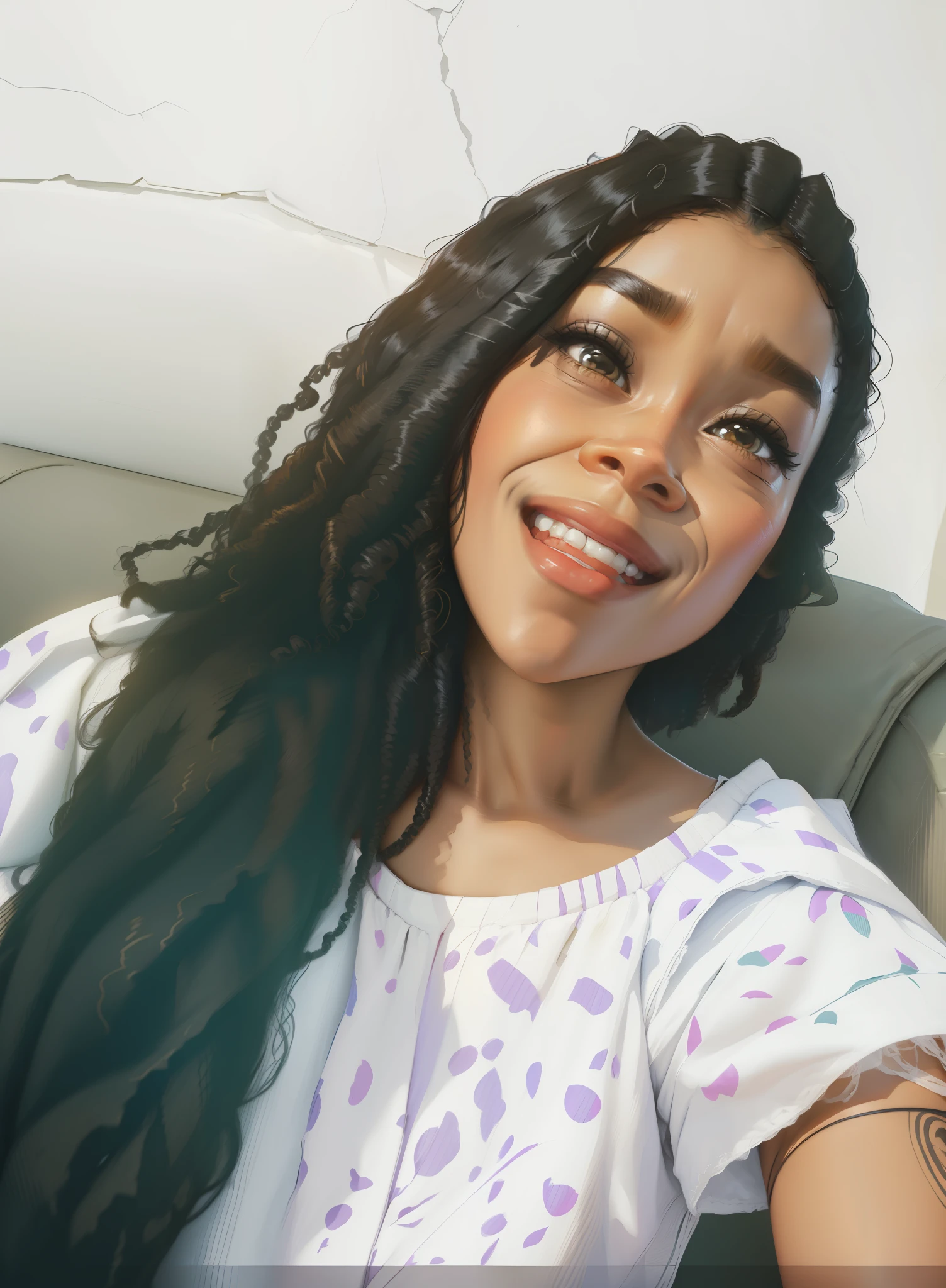 portrait realism 1African woman, praying with long black hair sitting on a sofa, wolf andrade from apex legends, looks like pocahontas, streaming, darker skin tone, 20s, inspired by pixar, smiling woman, gigapixel photo, 21 years old, description, mixed race