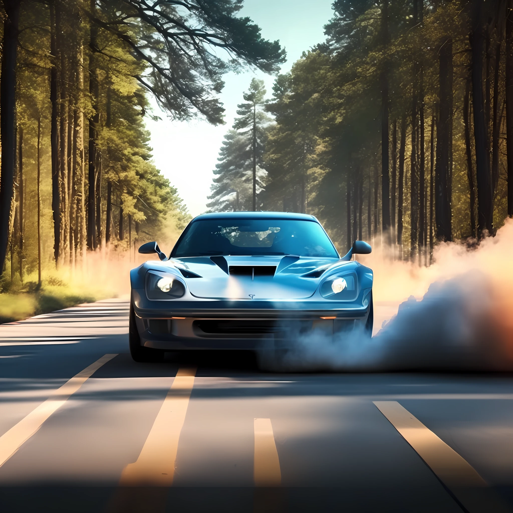 Car, Maverick, graphite color, middle of the road at 45º angle, smoke, tire mark on the asphalt, blue sky, rays of sun among the trees of the woods. Masterpiece, 4k