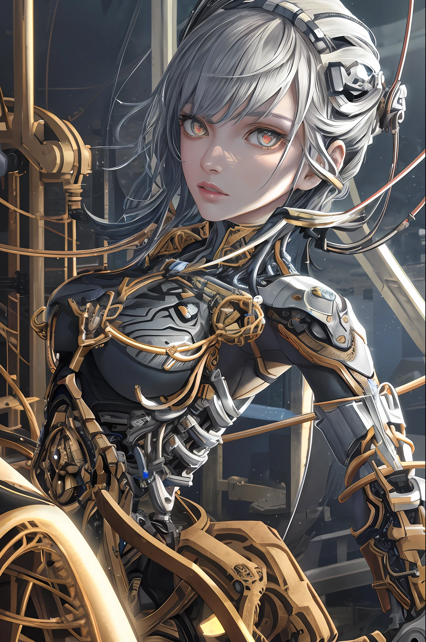 1mechanical girl,((ultra realistic details)), portrait, global illumination, shadows, octane render, 8k, ultra sharp,metal,intricate, ornaments detailed, cold colors, egypician detail, highly intricate details, realistic light, trending on cgsociety, glowing eyes, facing camera, neon details, machanical limbs,blood vessels connected to tubes,mechanical vertebra attaching to back,mechanical cervial attaching to neck,sitting,wires and cables connecting to head