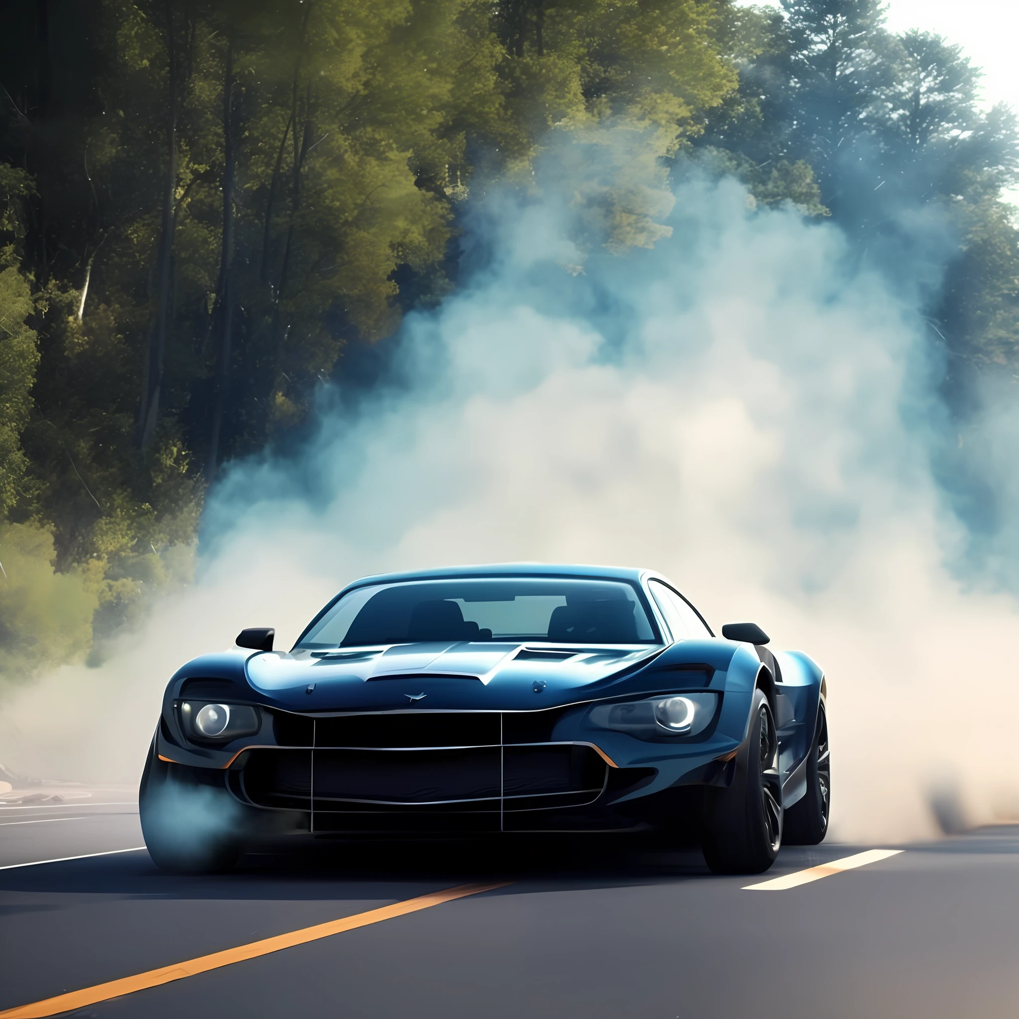 Car, Maverick, graphite color, middle of the road at 45º angle, smoke, tire mark on the asphalt, blue sky, rays of sun among the trees of the woods. Masterpiece, 4k