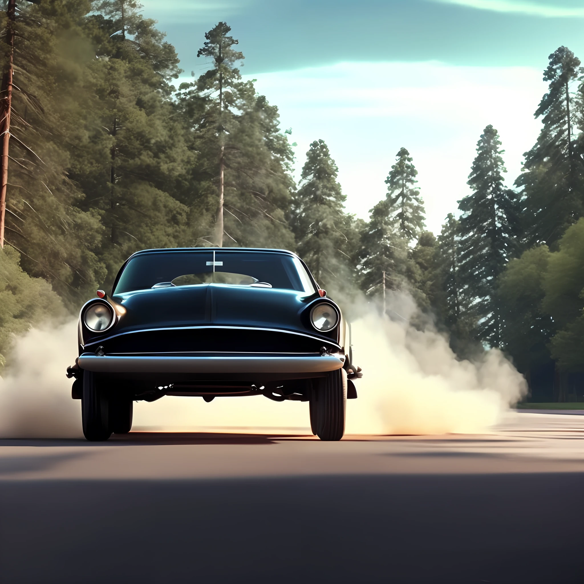 Car, Maverick 1976, black color, middle of the road at 45º angle, smoke, tire mark on the asphalt, blue sky, rays of sun among the trees of the woods. Masterpiece, 4k