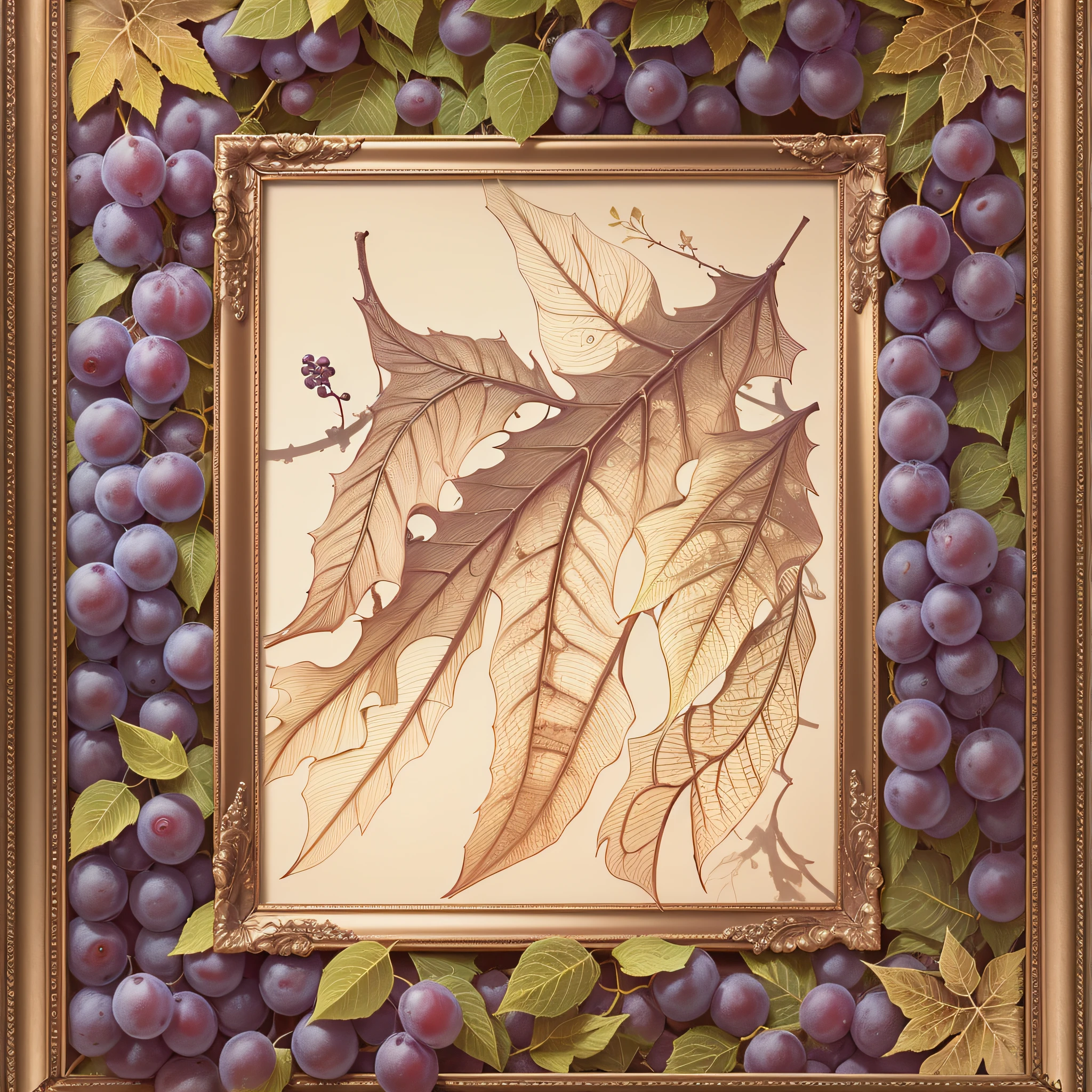 Retro pencil drawn frame of grape leaves, vintage frame, earthy tones. --auto --s2