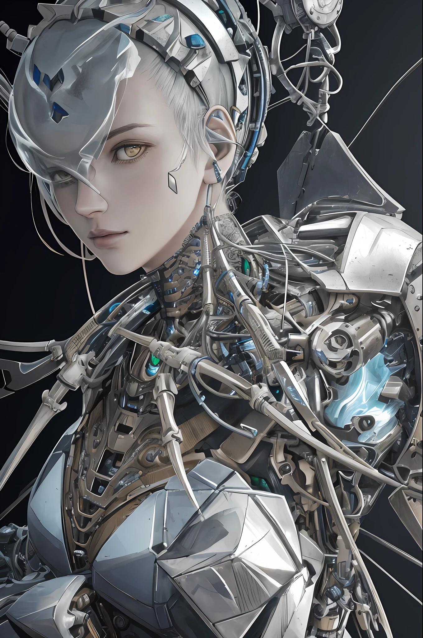 1mechanical girl,((ultra realistic details)), portrait, global illumination, shadows, octane render, 8k, ultra sharp,metal,intricate, ornaments detailed, cold colors, egypician detail, highly intricate details, realistic light, trending on cgsociety, glowing eyes, facing camera, neon details, machanical limbs,blood vessels connected to tubes,mechanical vertebra attaching to back,mechanical cervial attaching to neck,sitting,wires and cables connecting to head