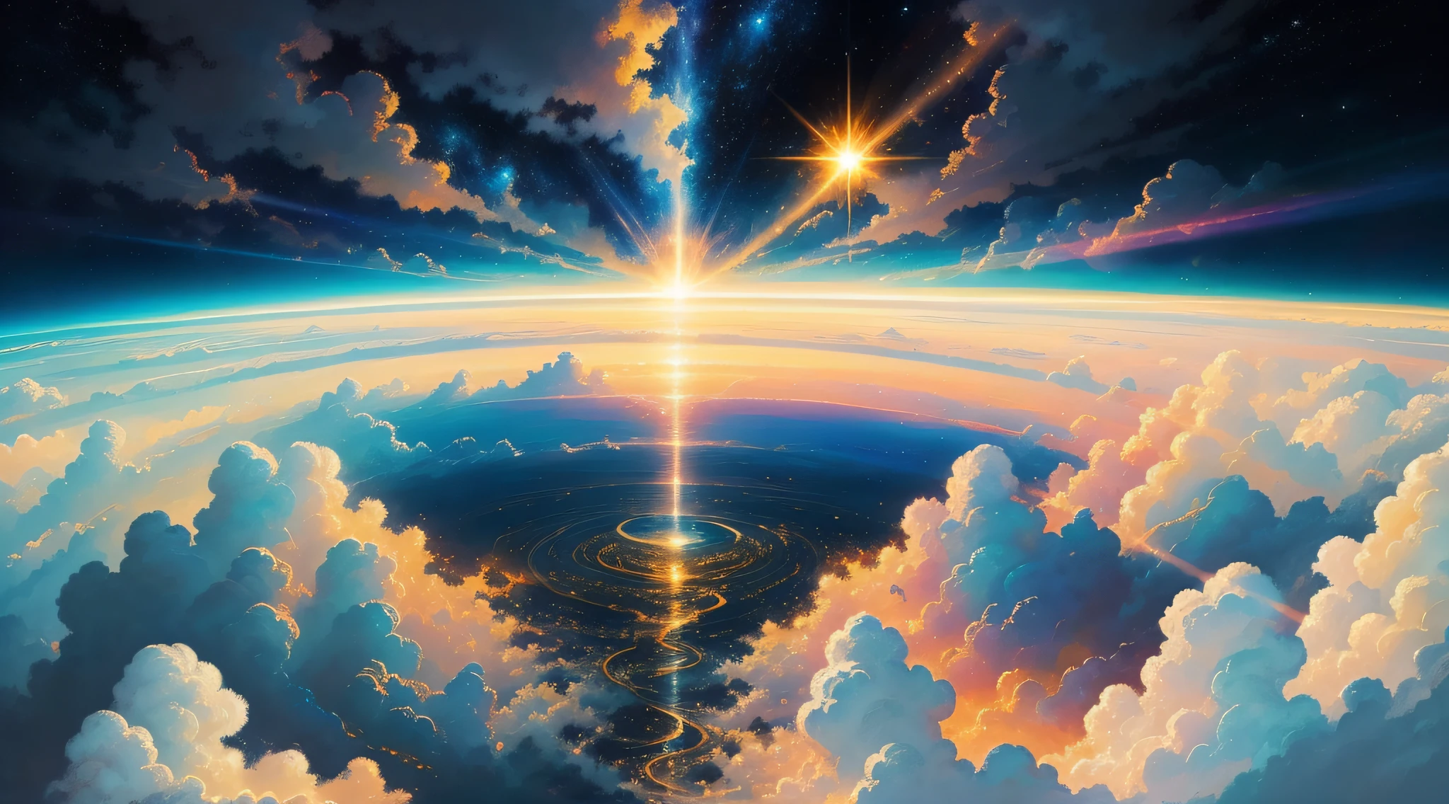 (best quality, high resolution painting), beautiful celestial scene,flying together in the sky, view from above, angel,Jesus,lots of divine light, white clouds, sun rays, stunning visuals, bright lights, magical effects,celestial photography.