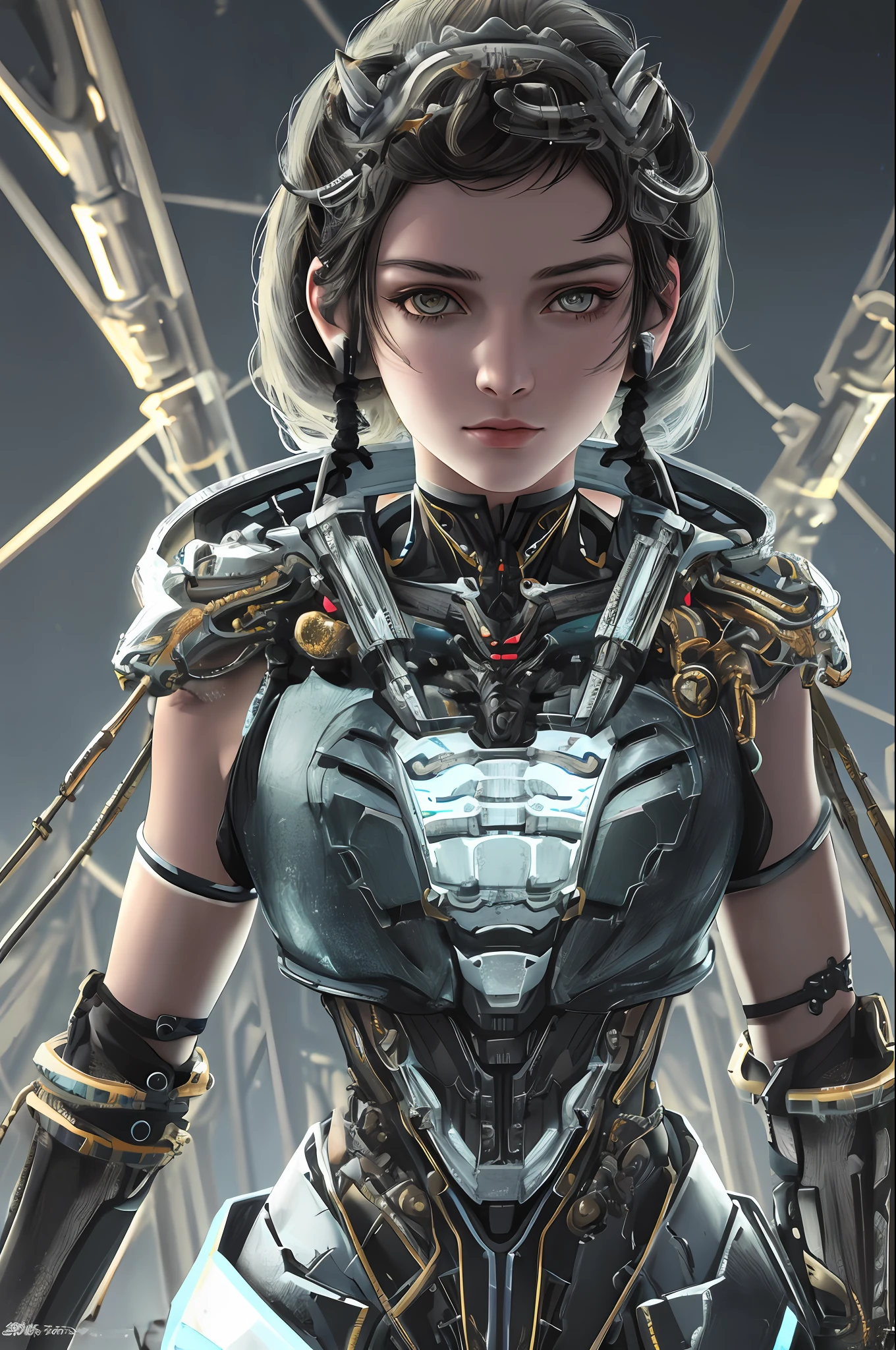 1mechanical girl,((ultra realistic details)), portrait, global illumination, shadows, octane render, 8k, ultra sharp,metal,intricate, ornaments detailed, cold colors, egypician detail, highly intricate details, realistic light, trending on cgsociety, glowing eyes, facing camera, neon details, machanical limbs,blood vessels connected to tubes,mechanical vertebra attaching to back,mechanical cervial attaching to neck,sitting,wires and cables connecting to head