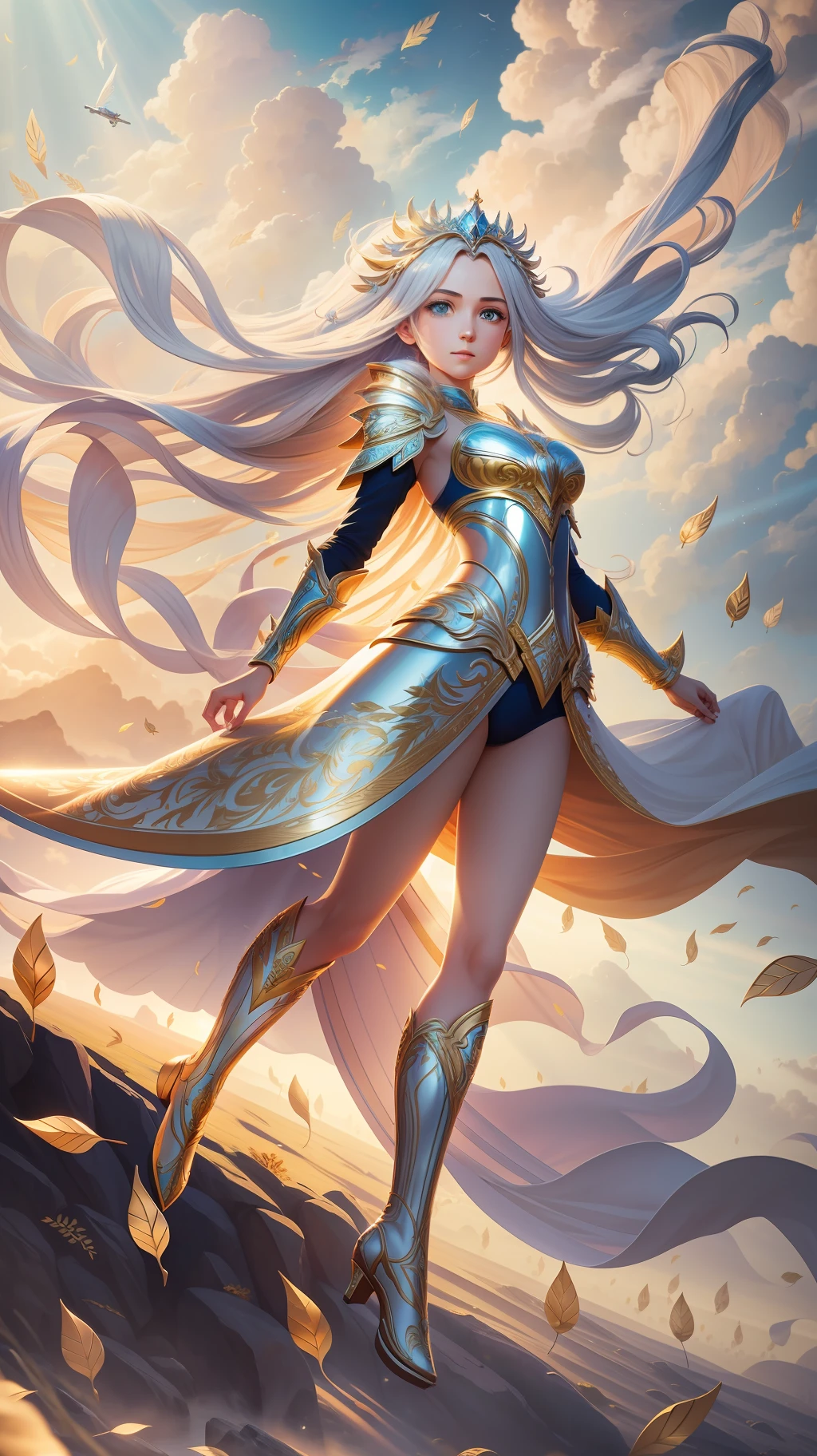 award winning concept art of flying tall (1girl:1.2) in platinum shiny ornate armor, epic, god rays, centered, (masterpiece:1.2), (best quality:1.2), Amazing, highly detailed, beautiful, finely detail, warm soft color grading, Depth of field, extremely detailed 8k, fine art, stunning, iridescent, shiny, light reflections, crisp, curls, wind, flying leaves, dynamic pose, hyper realism, vibrant, sunlit, absurdres