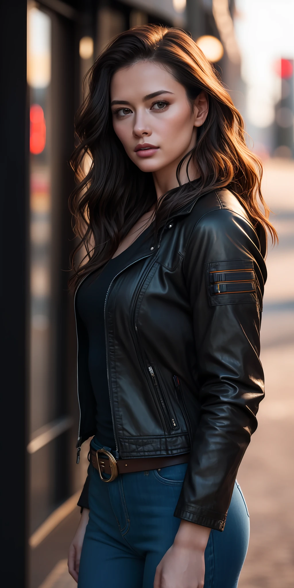 Full face portrait photo of a 25-year-old European girl, RAW, beautiful woman, semi-open strawberry lips, dimples, wistful look, (extra long wavy brown hair), ((detailed face)), ((detailed facial features)), (finely detailed skin), pale skin, (deep neckline detailed high-tech cyberpunk dress), cyberpunk megacity environment, (cool colors), damp, damp, reflections, (masterpiece) (perfect proportion)(realistic photo)(best quality)  (detailed) shot on a Canon EOS R5, 50mm lens, F/2.8, HDR, (8k) (wallpaper) (cinematic lighting) (dramatic lighting) (sharp focus) (intricate), RAW photo, RAW photo, gigachad photo, posing for camera, black jeans, back arms, 8k uhd, dslr, high quality, grain film, Fujifilm XT3, film stock photography 4 kodak portra 400 camera f1.6 lens rich colors hyper realistic texture dramatic lighting unrealengine trend in artstation cinestill  800 tungsten, toughboy style, ultra focus face, intimidating, in fighting position, short messy hair, muscular, bursting veins, beaded