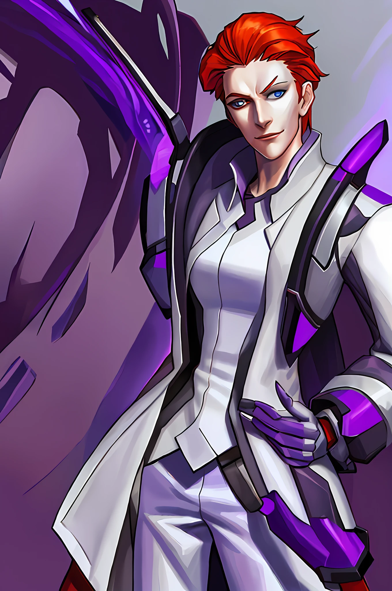 Moira wearing white lab coat, heterochromia, red and blue eyes, half-mask, cruel smile, hands on hips, arrogant facial expression, looking at the viewer, bright, purple fire background, best quality