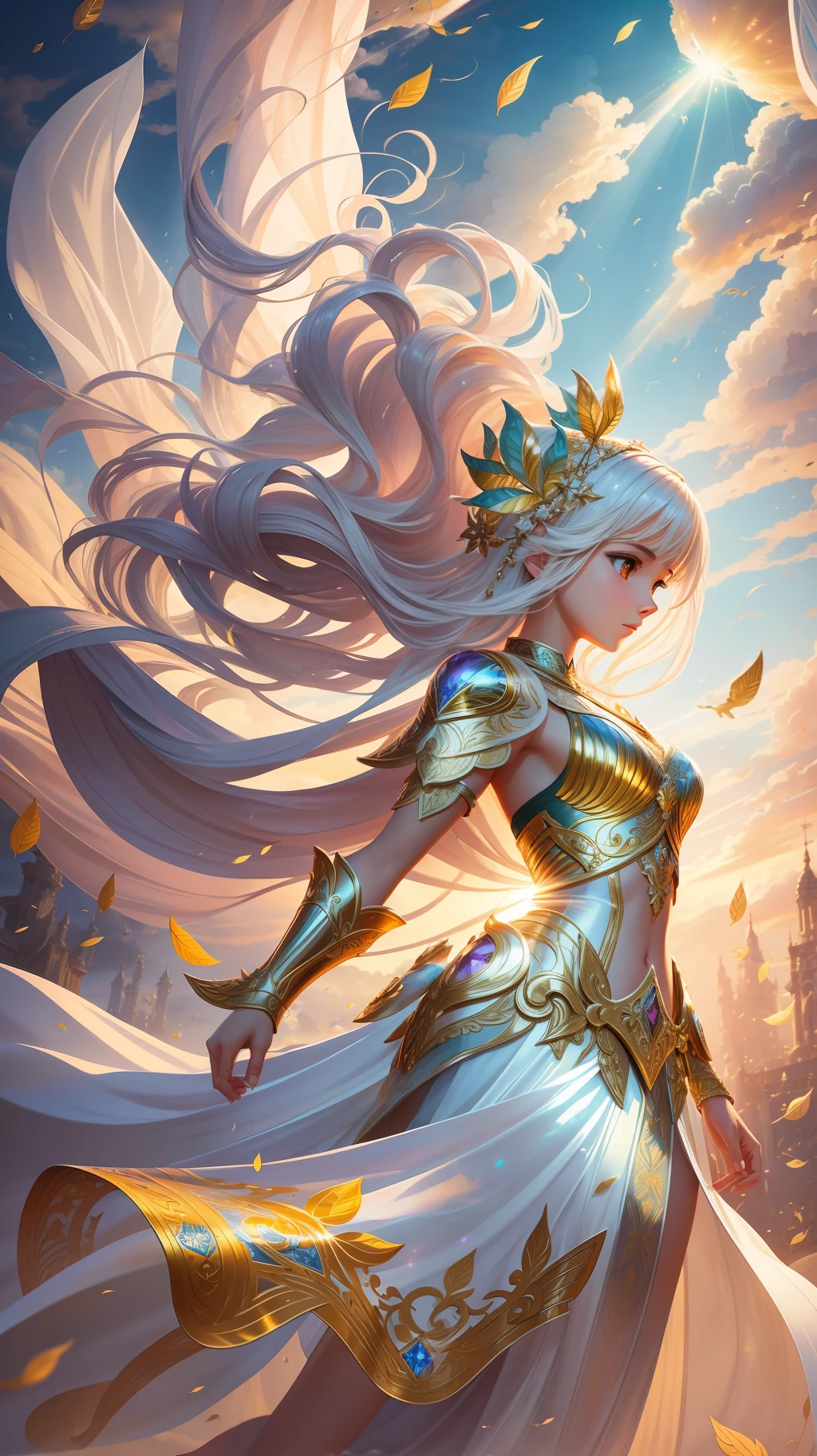 award winning concept art of flying tall (1girl:1.2) in platinum shiny ornate armor, epic, god rays, centered, (masterpiece:1.2), (best quality:1.2), Amazing, highly detailed, beautiful, finely detail, warm soft color grading, Depth of field, extremely detailed 8k, fine art, stunning, iridescent, shiny, light reflections, crisp, curls, wind, flying leaves, dynamic pose, hyper realism, vibrant, sunlit, absurdres