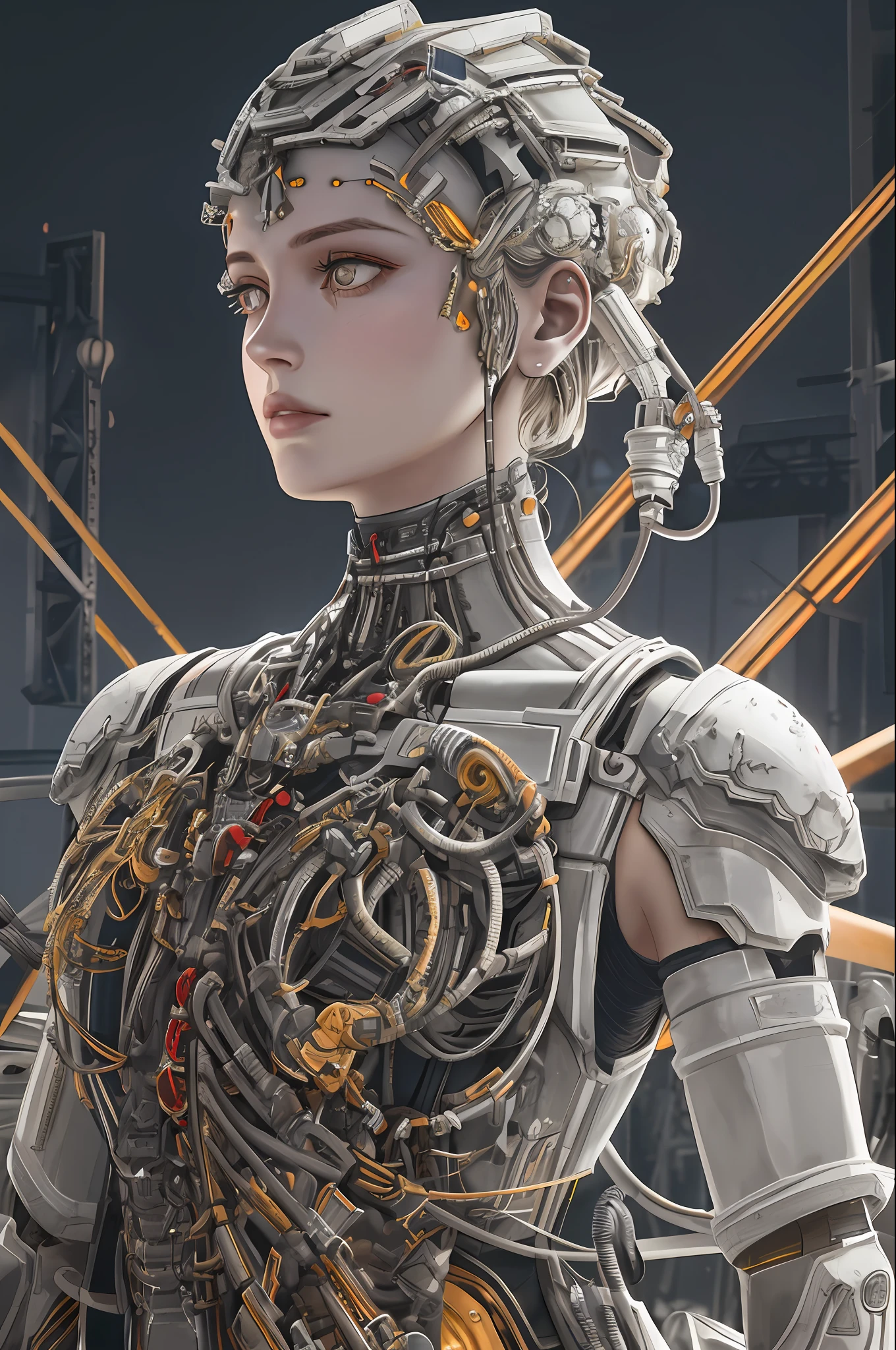 1mechanical girl,((ultra realistic details)), portrait, global illumination, shadows, octane render, 8k, ultra sharp,metal,intricate, ornaments detailed, cold colors, egypician detail, highly intricate details, realistic light, trending on cgsociety, glowing eyes, facing camera, neon details, machanical limbs,blood vessels connected to tubes,mechanical vertebra attaching to back,mechanical cervial attaching to neck,sitting,wires and cables connecting to head