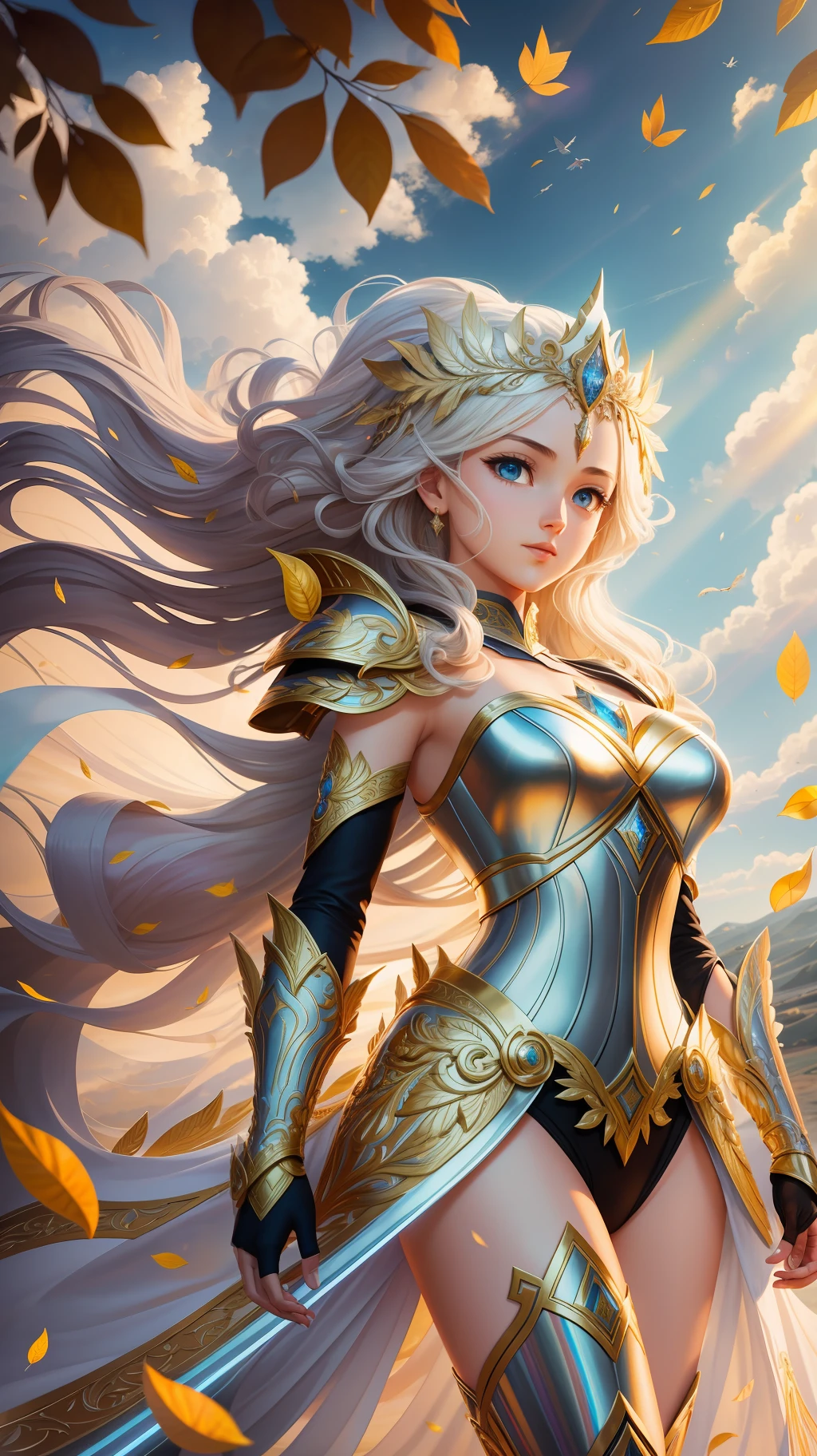 award winning concept art of flying tall (1girl:1.2) in platinum shiny ornate armor, epic, god rays, centered, (masterpiece:1.2), (best quality:1.2), Amazing, highly detailed, beautiful, finely detail, warm soft color grading, Depth of field, extremely detailed 8k, fine art, stunning, iridescent, shiny, light reflections, crisp, curls, wind, flying leaves, dynamic pose, hyper realism, vibrant, sunlit, absurdres