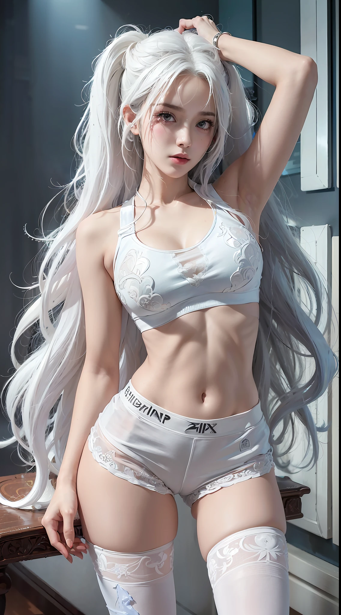 Beauty, ((Clothes damaged)), (((Shy))), ((Legs apart))), ((Sports Bra)), (Shorts), Full Body Drawing, Ultra Detailed, Master Artwork, Highest Quality, 8K Resolution, (Fine Details), ((Extreme Color))), Beautiful Eyes ((Two Side Up), (Detailed Engraving), White Stockings, ((Long White Hair, Messy))