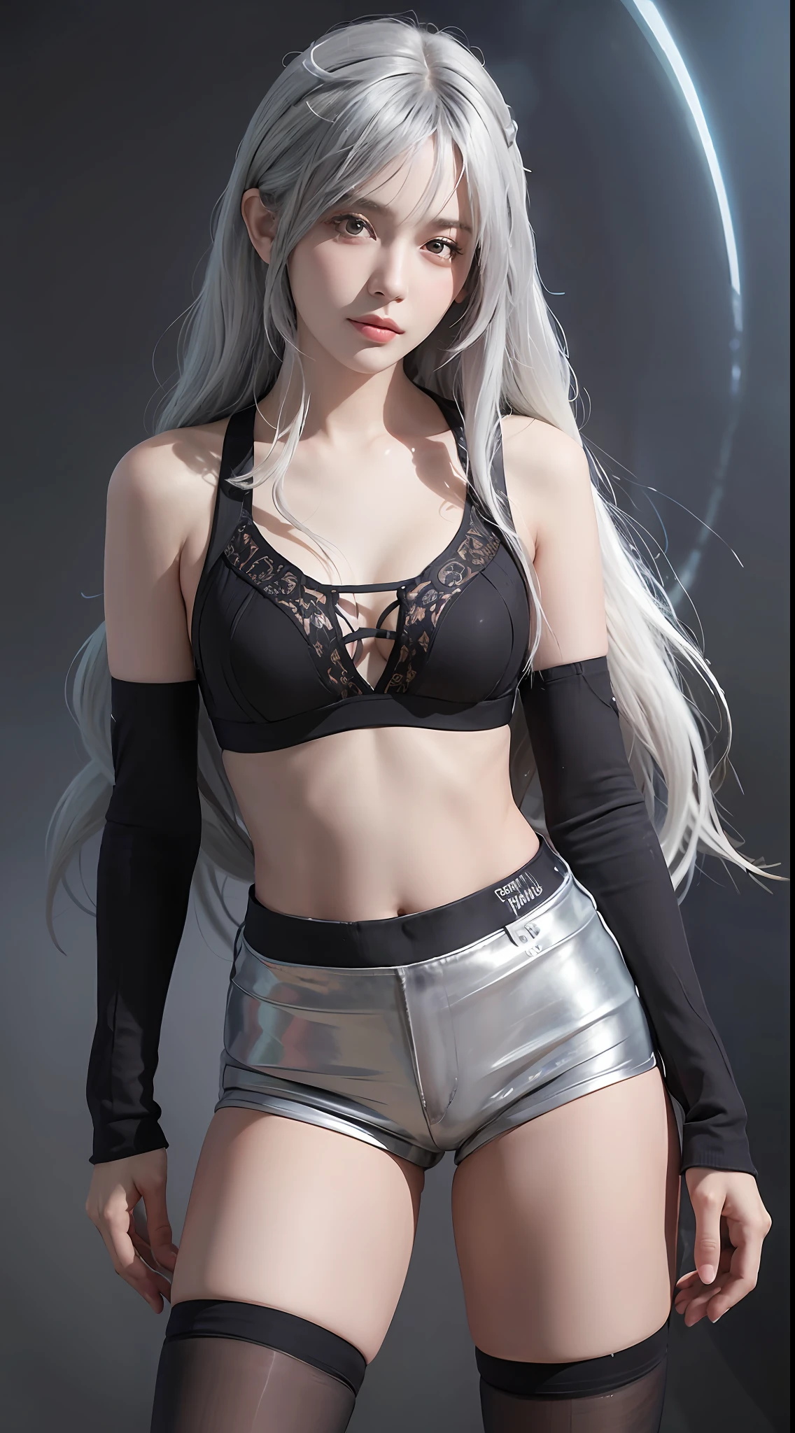 (front focus), (in the dark: 1.6), surrealistic female portraits by David Hockney and Alphonse Mucha, fantasy art, photorealism, dynamic lighting, artstation, poster, volumetric lighting, very detailed faces, 4 k, pantyhose, shorts, 1girl, in the dark, deep shadow, low key, cowboy shot, (official uniform: 1.4), long hair, gray hair, beauty, ((clothes damaged)), ((((Shy))),(Legs apart)))), ((Sports Bra)), (Shorts), Full Body Drawing, Ultra Detailed, Master Artwork, Highest Quality, 8K Resolution, (Fine Details), ((Extreme Color))), Beautiful Eyes ((Two Side Up), (Detailed Picture Section), White Stockings Strangle, ((Long White Hair, Messy))