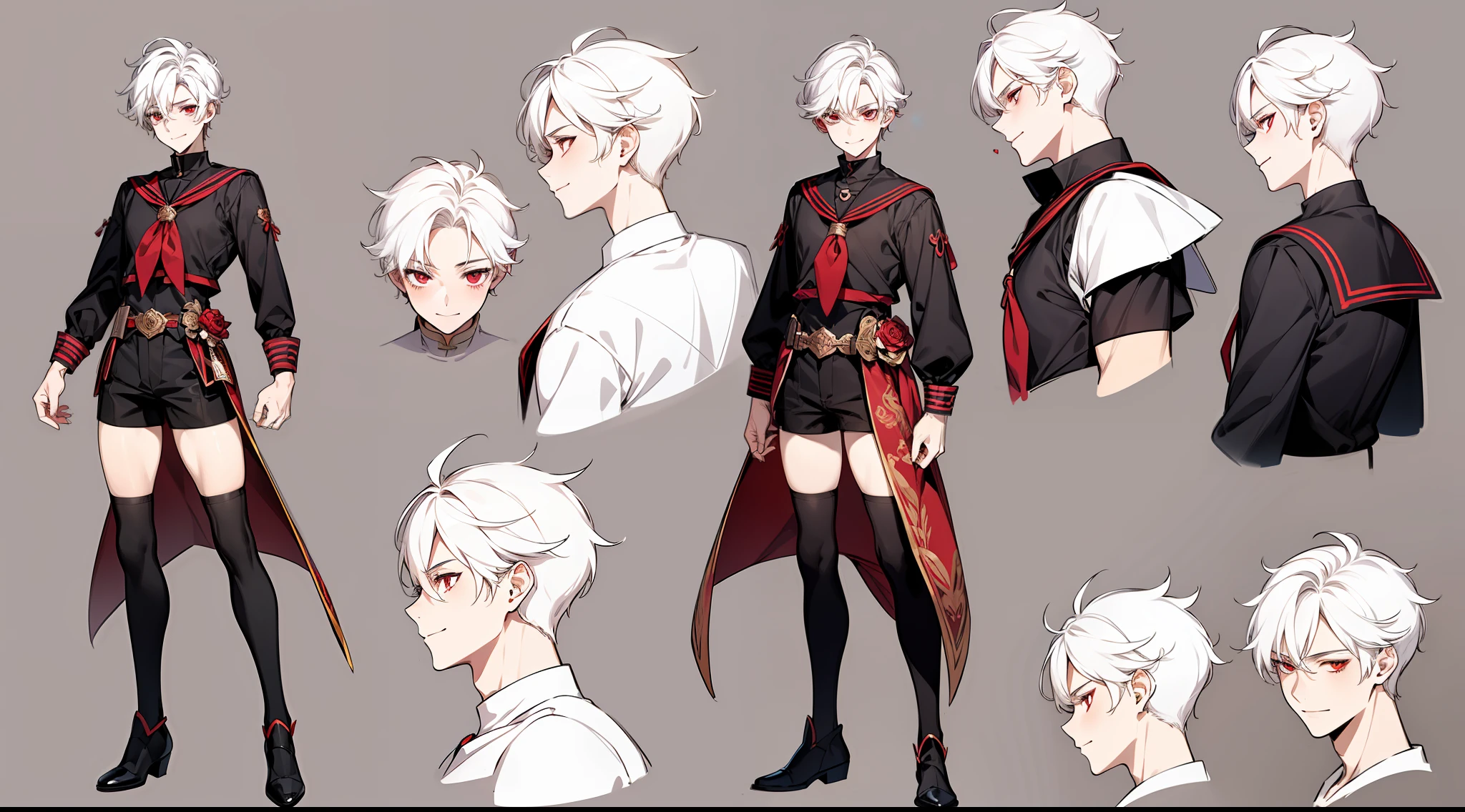 ((masterpiece)),(((best quality))),(character design sheet,same character,front,side,back), Reference sheet of a cute boy, short white hair, red eyes, smiling, black sailor outfit with short shorts, red rose as accessory, detailed face, detailed hair, (simple background, white background: 1.3)