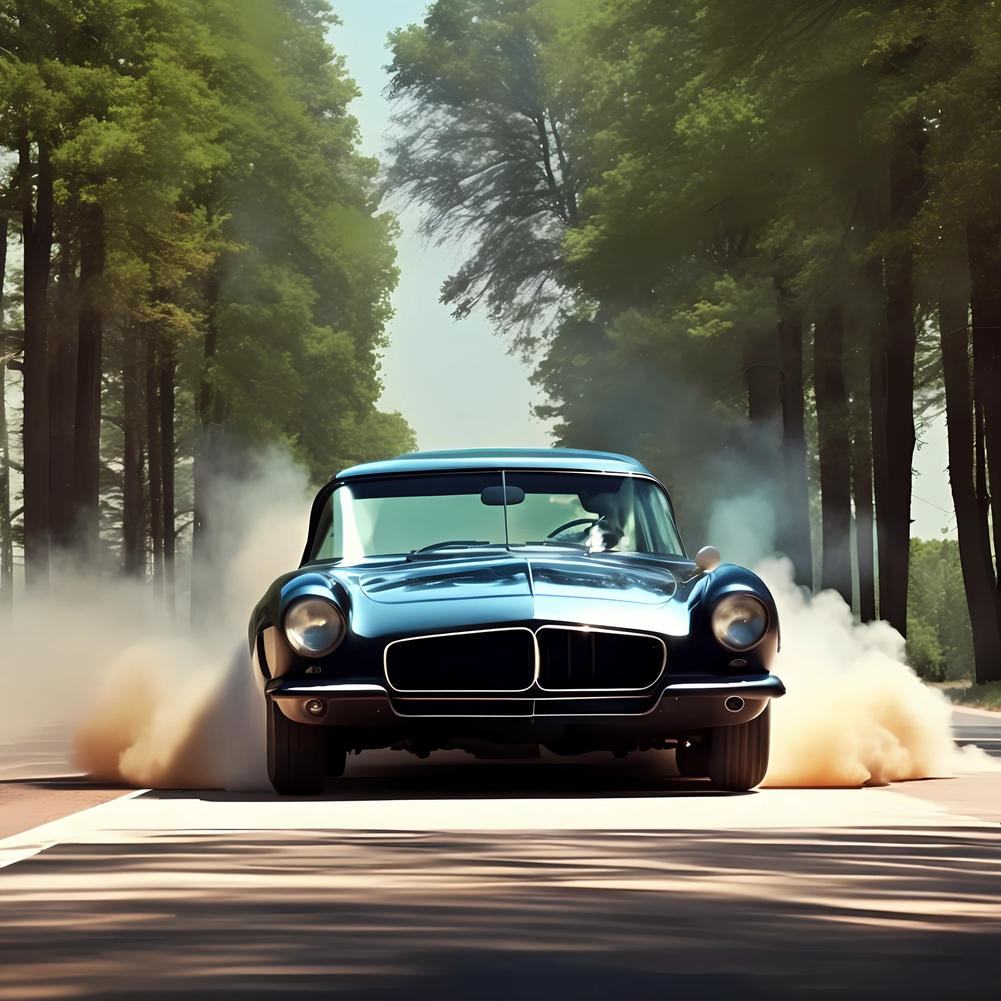 Car, Maverick 1976, black color, middle of the road at 45º angle, smoke, tire mark on the asphalt, blue sky, rays of sun among the trees of the woods. Masterpiece, 4k